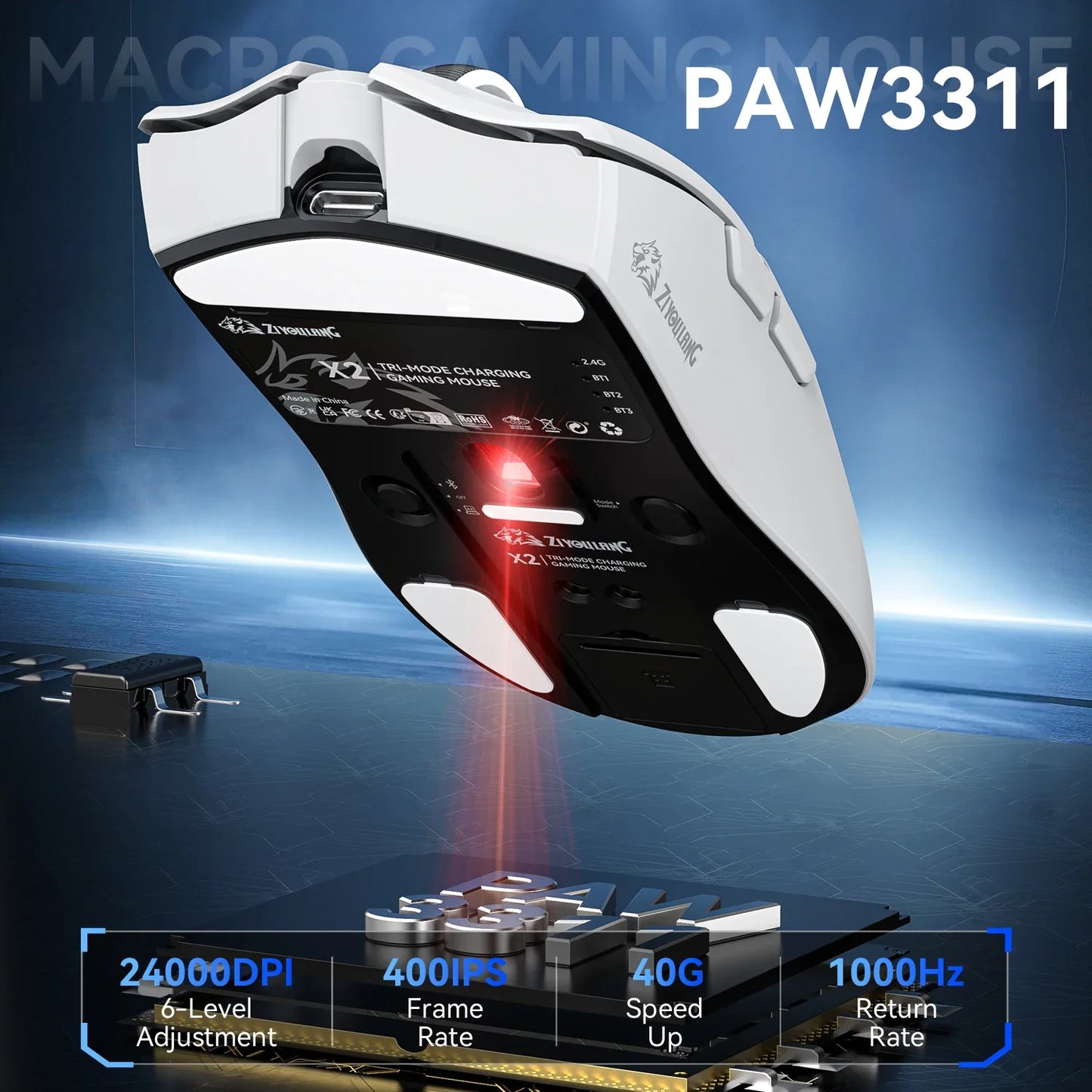 ZIYOULANG X2  Wireless Mouse , PixArt PAW3311, Tri-Mode Connection,RGB Magnetic Charging Base,Macro Gaming Mouse