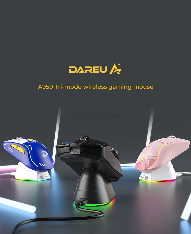 DAREU PC Gaming Mouse Tri-mode Connect Bluetooth Wired 2.4G Wireless Mice with Charging Base KBS Buttons Mous for Laptop Gamer