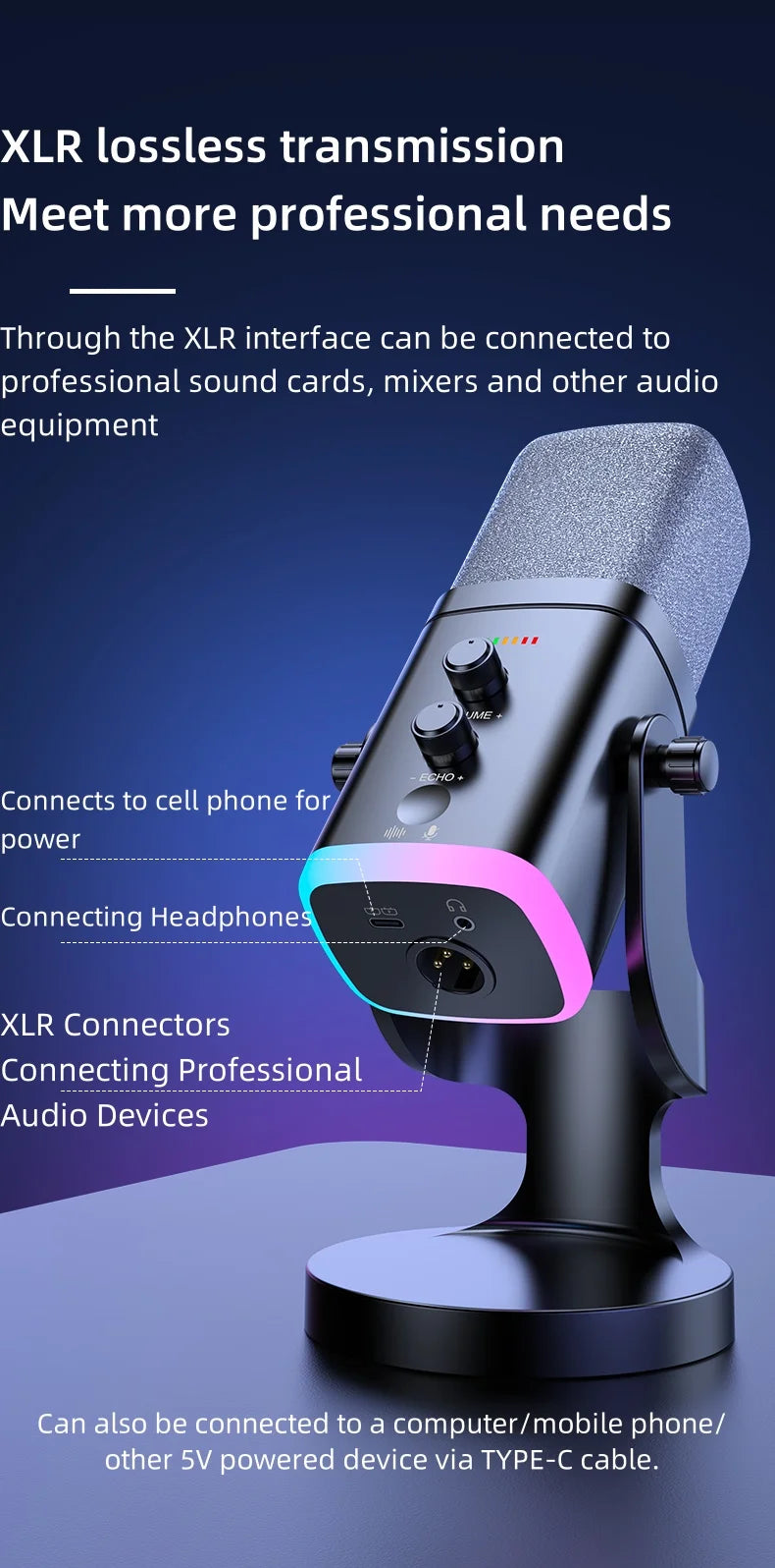 YU8 RGB gaming desktop microphone USB microphone live streaming XLR dynamic microphone recording computer mobile host karaoke