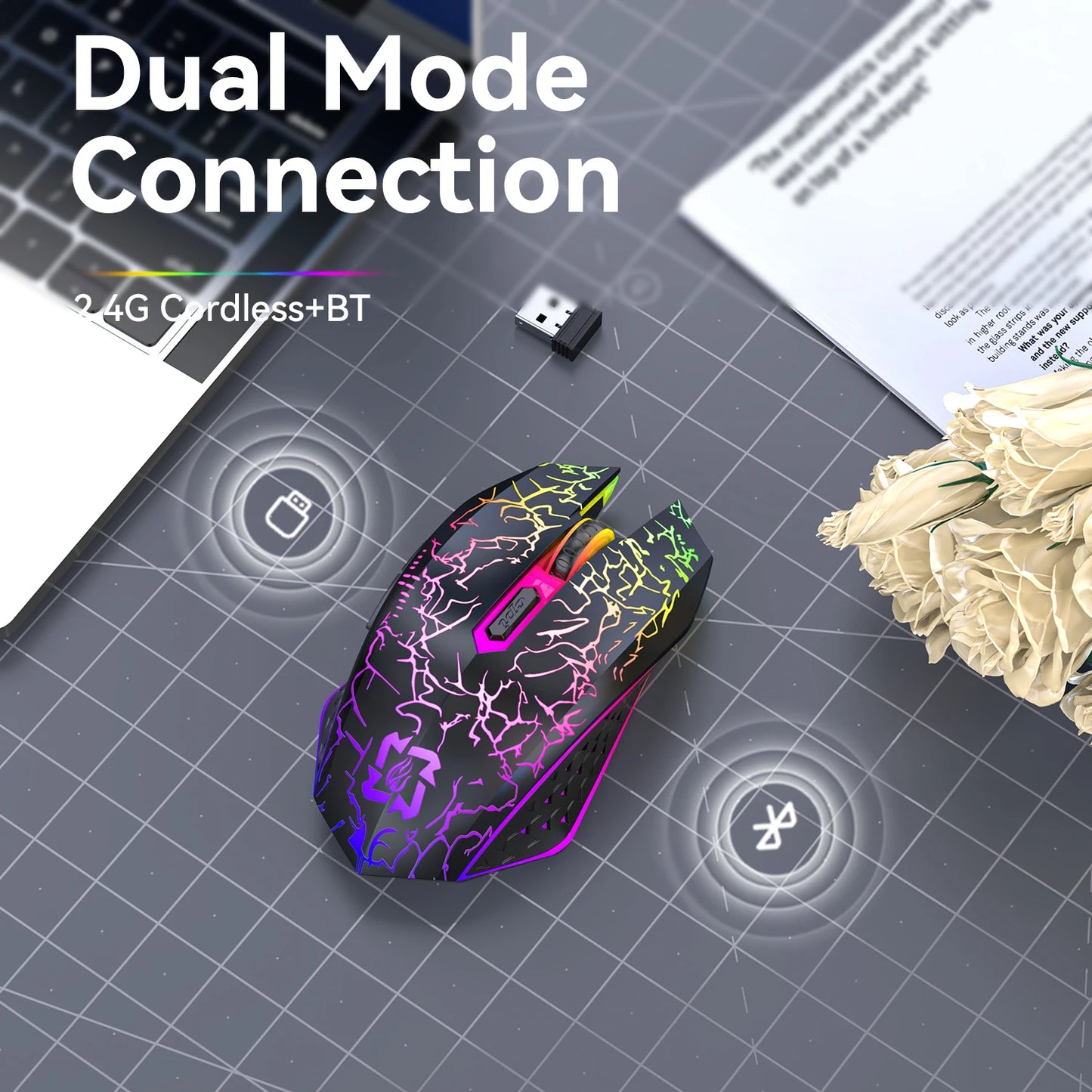 Bluetooth5.2 Wireless Mouse RGB Gaming Mouse Silent Mouse Rechargeable Mouse 800-1200-1600 DPI Mouse Mice for PC Laptop Macbook