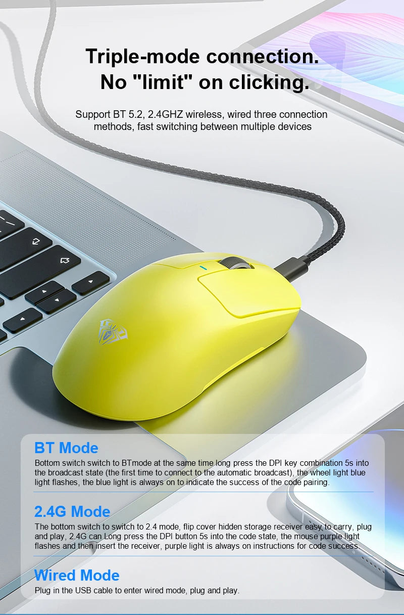 AULA SC680 Wireless Gaming Mouse W/ 26000 DPI PAW3395 Sensor BT 5.0/2.4G/Wired Tri Mode 500mAh Battery For Windows/Mac/PC/laptop