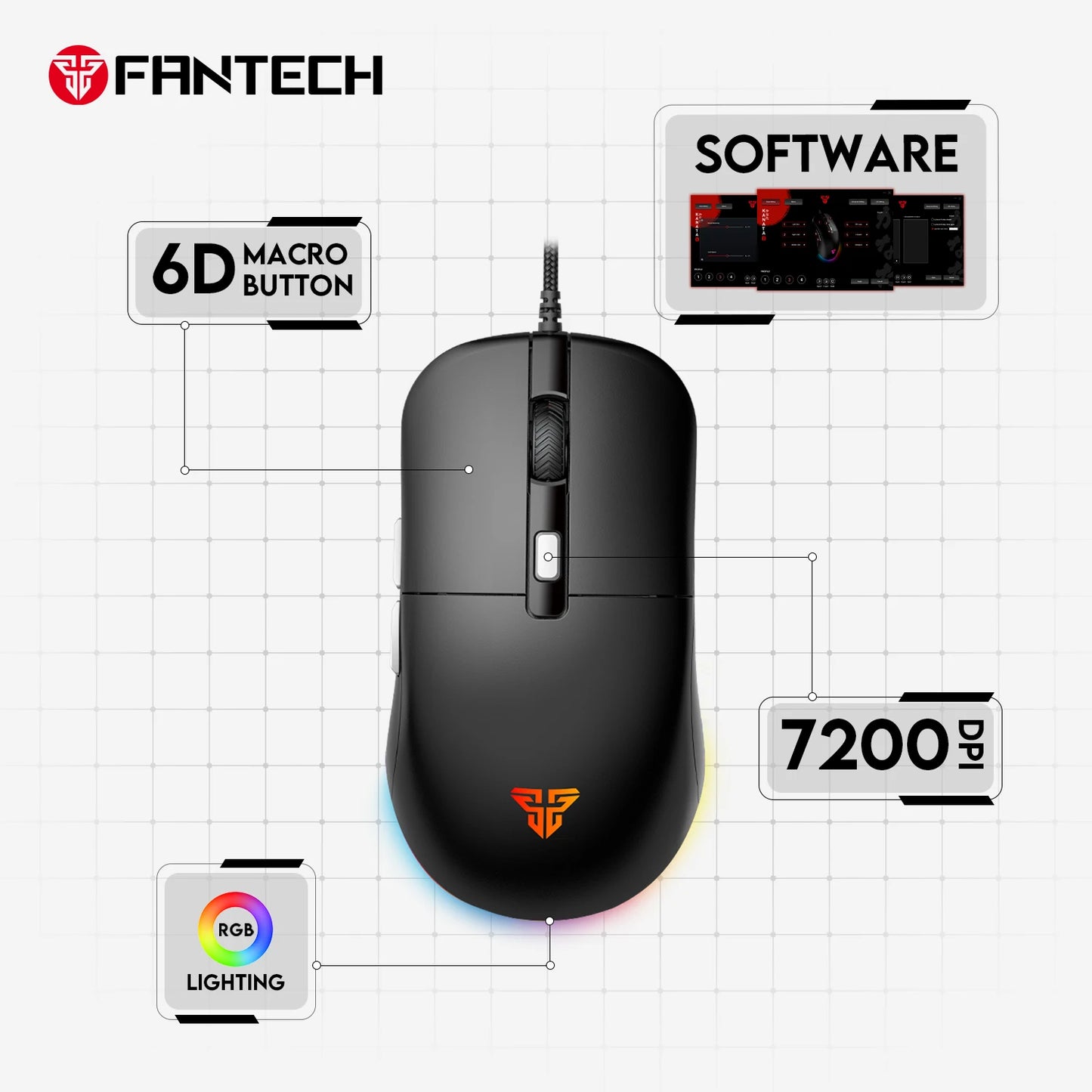 FANTECH KANATA S VX9S Wired Gaming Mouse 7200DPI HUANO 10M Switch 6 Macro Button Optical Mouse Mice for PC Laptop