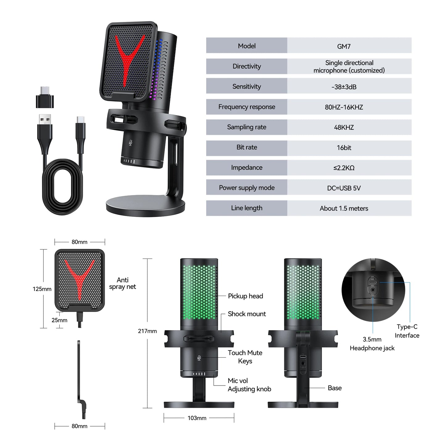 Gaming Computer Professional Condenser Microphone Mic PC Laptop USB Wired Live Streaming Podcast Studio Mike Kit Gamer Karaoke