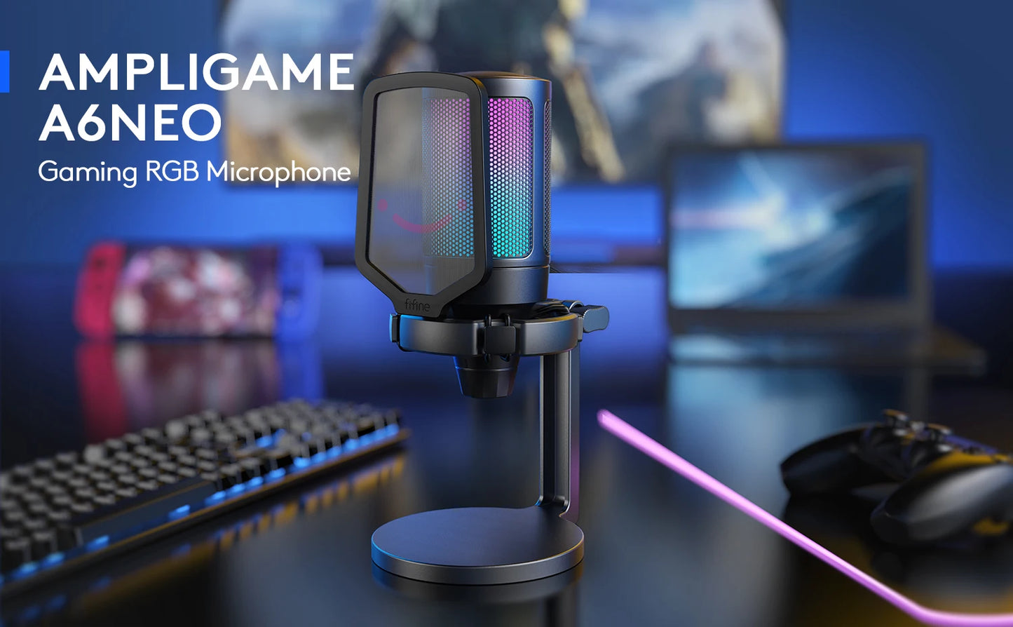 AmpliGame by FIFINE USB Gaming Microphone with RGB,Gain Knob,Touch Mute,Streaming Podcast Condenser Mic for PC,Switch,PS5-A6NEO