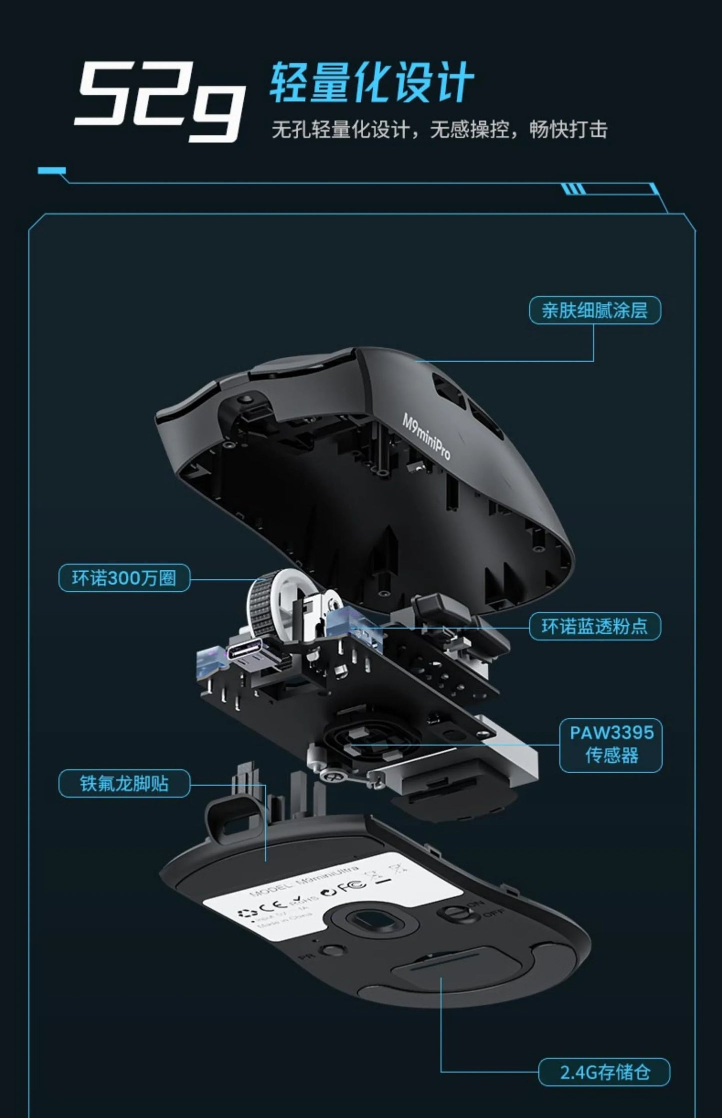 Eweadn M9 Wireless Mouse PAW3395 Dual 8K Bluetooth Three Modes E-Sports Gaming Mouse Lightweight PC Gamer Accessories Man Gifts