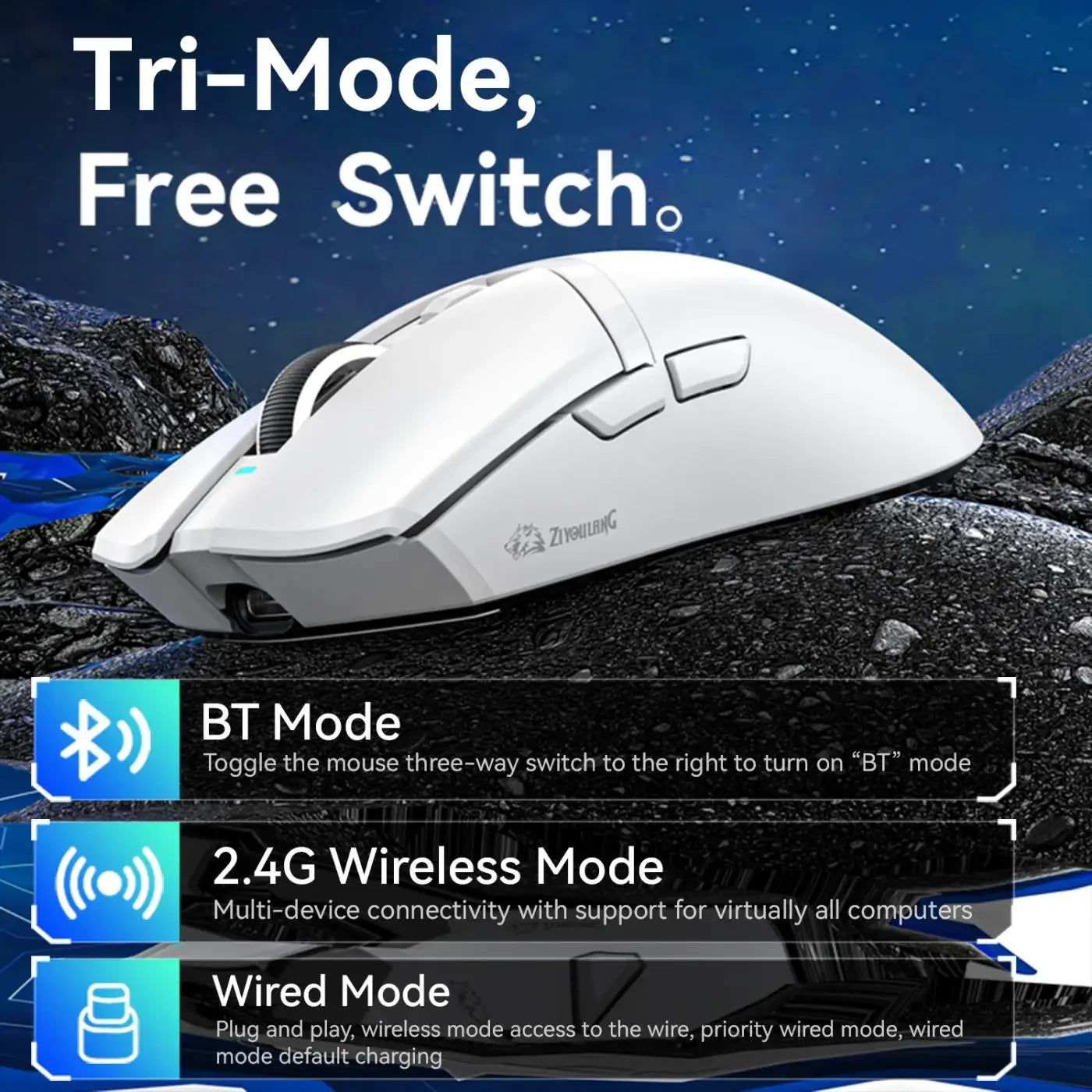 ZIYOULANG X2  Wireless Mouse , PixArt PAW3311, Tri-Mode Connection,RGB Magnetic Charging Base,Macro Gaming Mouse
