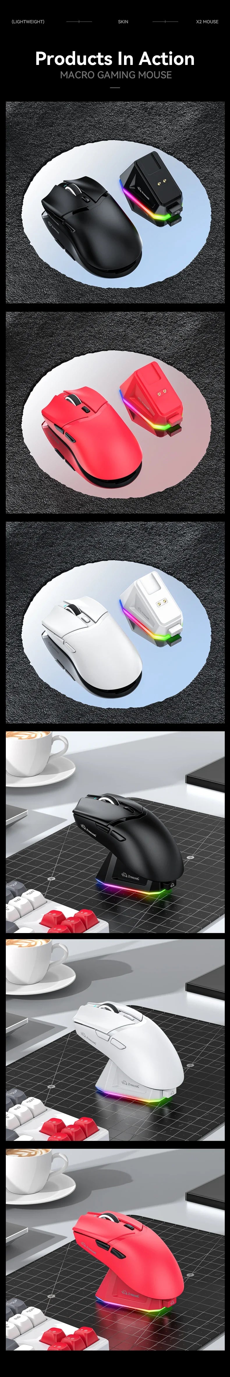 ZIYOULANG X2  Wireless Mouse , PixArt PAW3311, Tri-Mode Connection,RGB Magnetic Charging Base,Macro Gaming Mouse