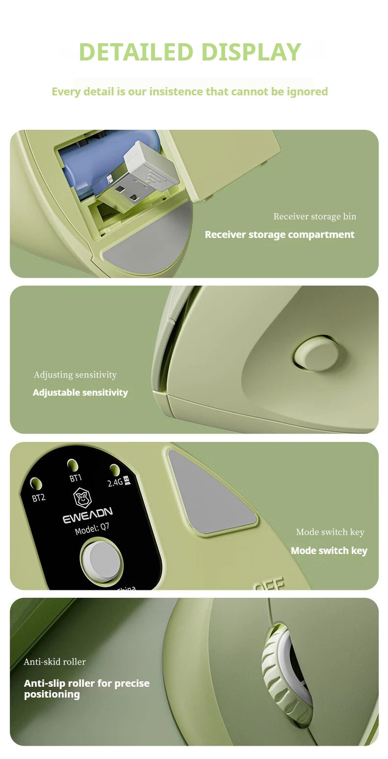 EWEADN Q7 Wireless BT + 2.4G Vertical Gaming Mouse, 6 Buttons, Silent, Adjustable Sensitivity, for Windows, Laptop, Office Work