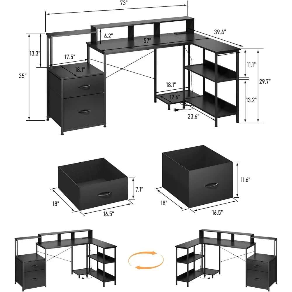 73 Inch L Shaped Gaming Desk with Drawers, Large Computer Desk with Storage and Power Outlet, Corner Desk with Led Lights