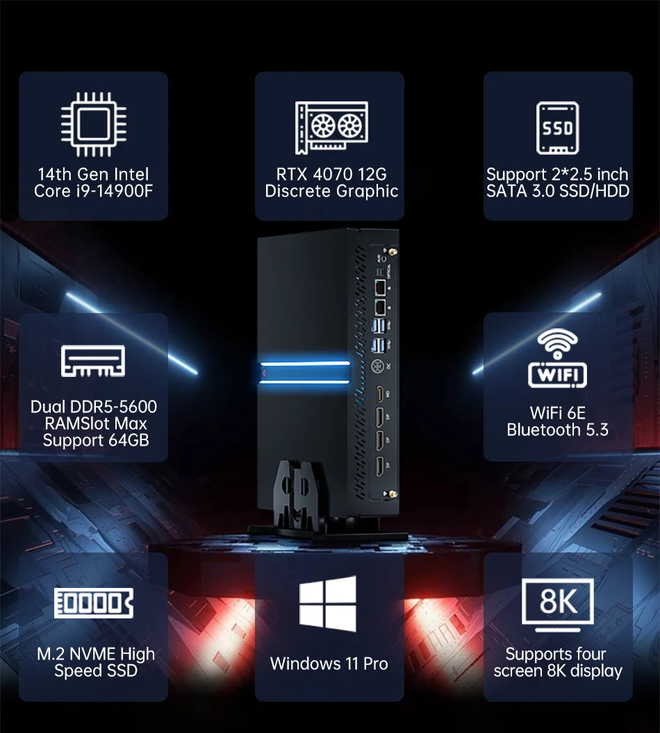 Msecore MV300 14th Intel Core i5 i7 i9 RTX 4070 12G Gaming Mini PC Windows 11 Office Desktop Computer DDR5 NVME WiFi6E BT5.3