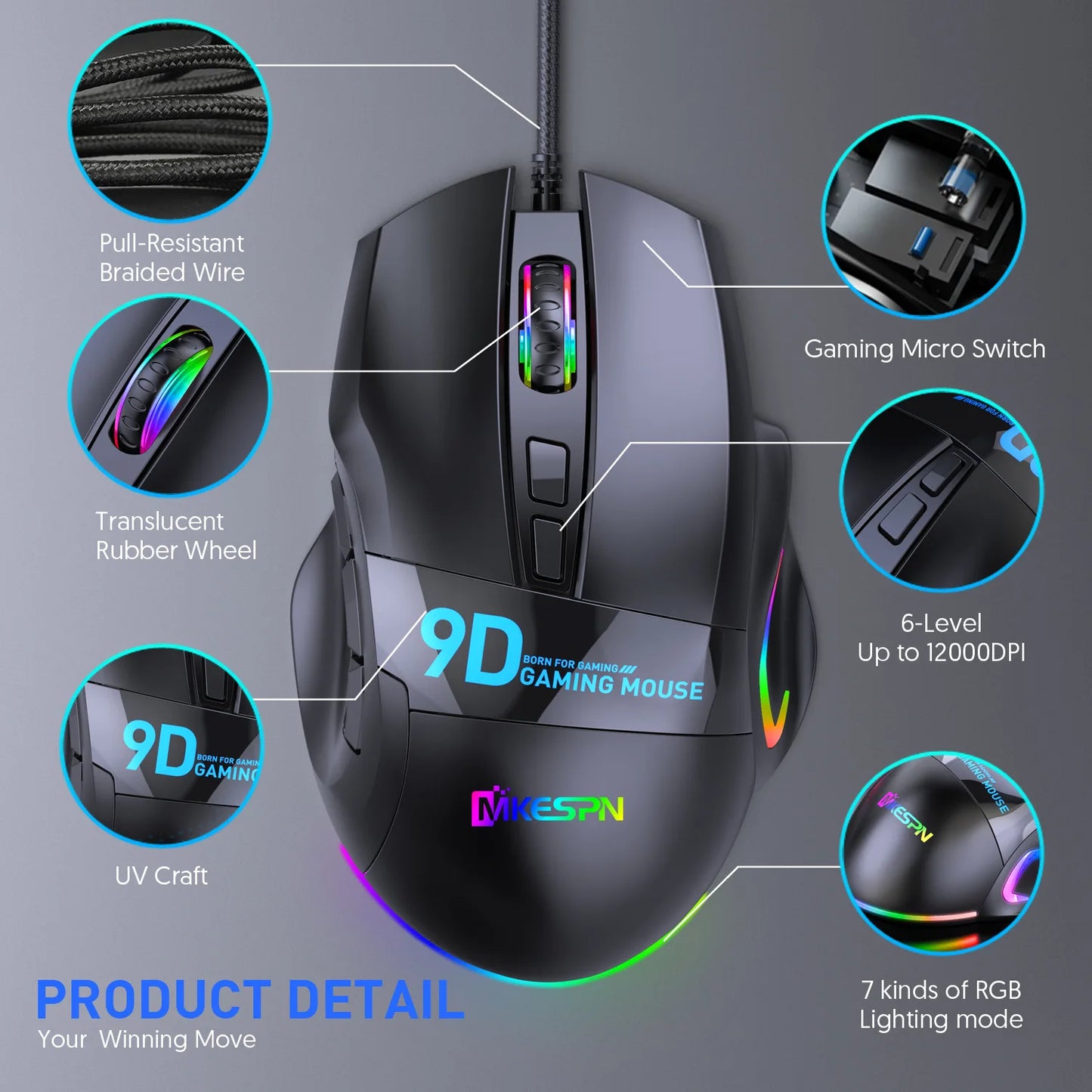 12000DPI Macro RGB Gaming Mouse 9 Programmable Keys Game Mouse RGB Light Max to 6 levels For pc mac gun PUBG Laptop