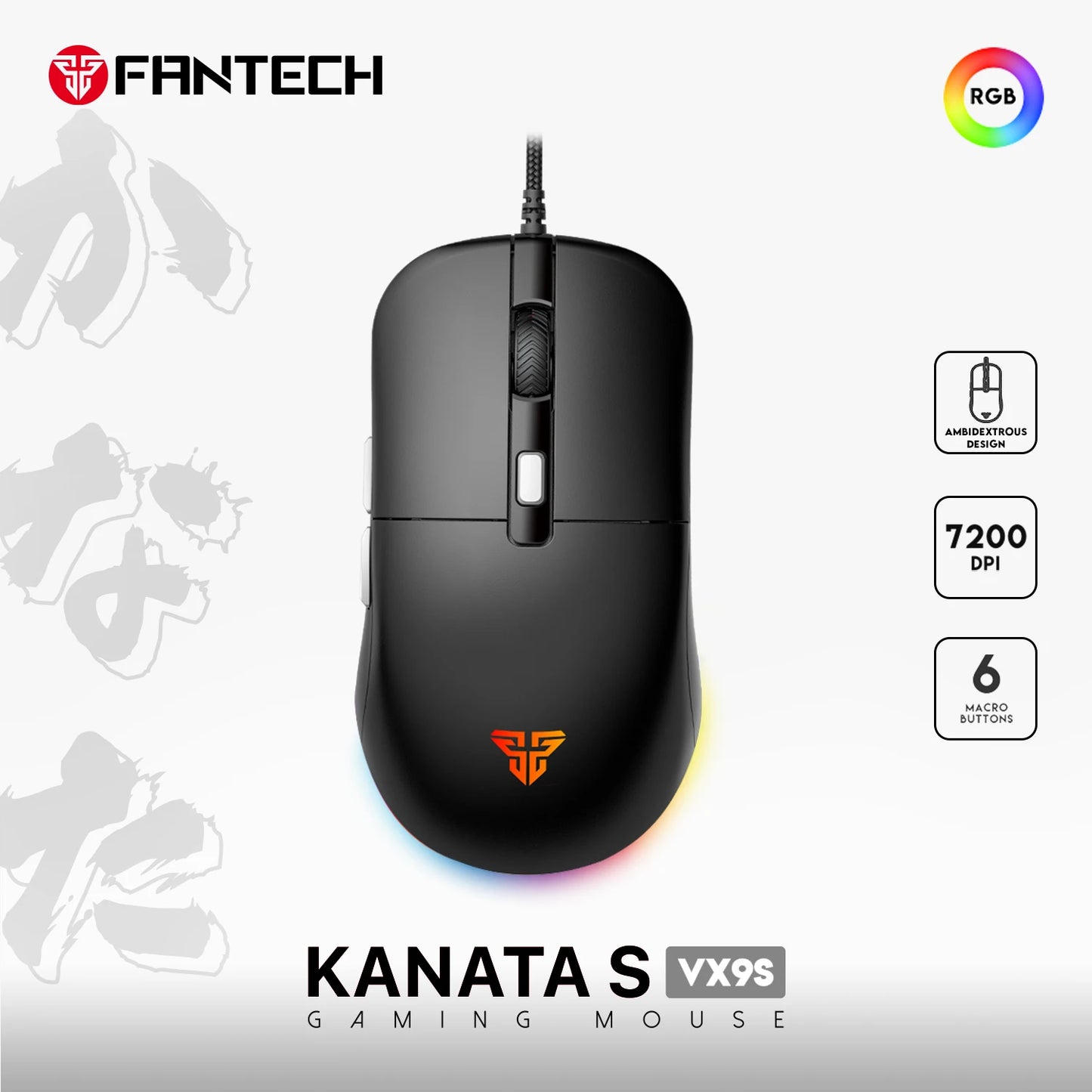 FANTECH KANATA S VX9S Wired Gaming Mouse 7200DPI HUANO 10M Switch 6 Macro Button Optical Mouse Mice for PC Laptop