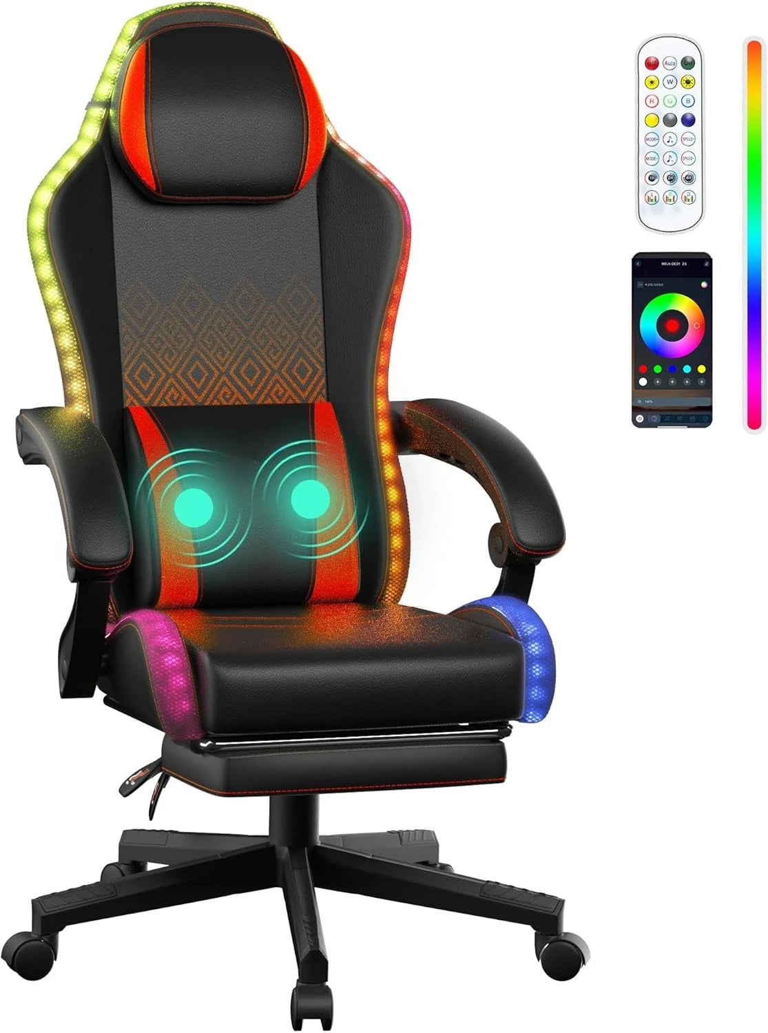 Gaming Chair, LED Game Chair with Massage Lumbar Support and Footrest - Ergonomic Computer Chair with Adjustable Height