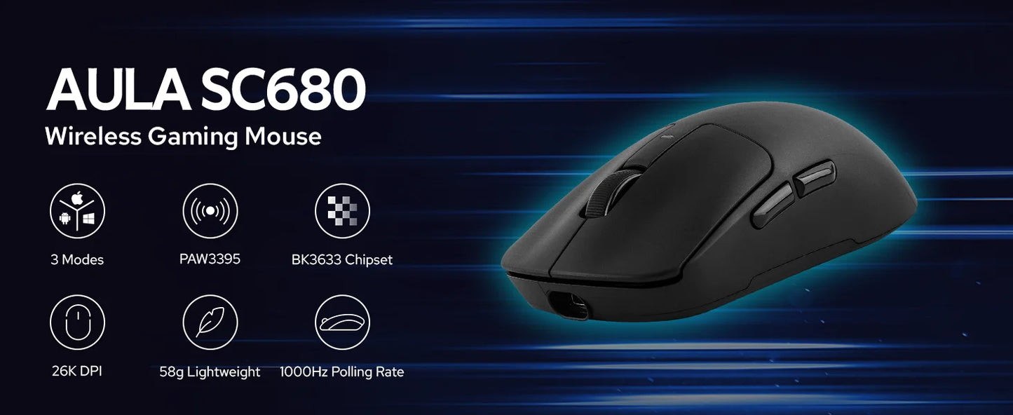 AULA SC680 Wireless Gaming Mouse W/ 26000 DPI PAW3395 Sensor BT 5.0/2.4G/Wired Tri Mode 500mAh Battery For Windows/Mac/PC/laptop