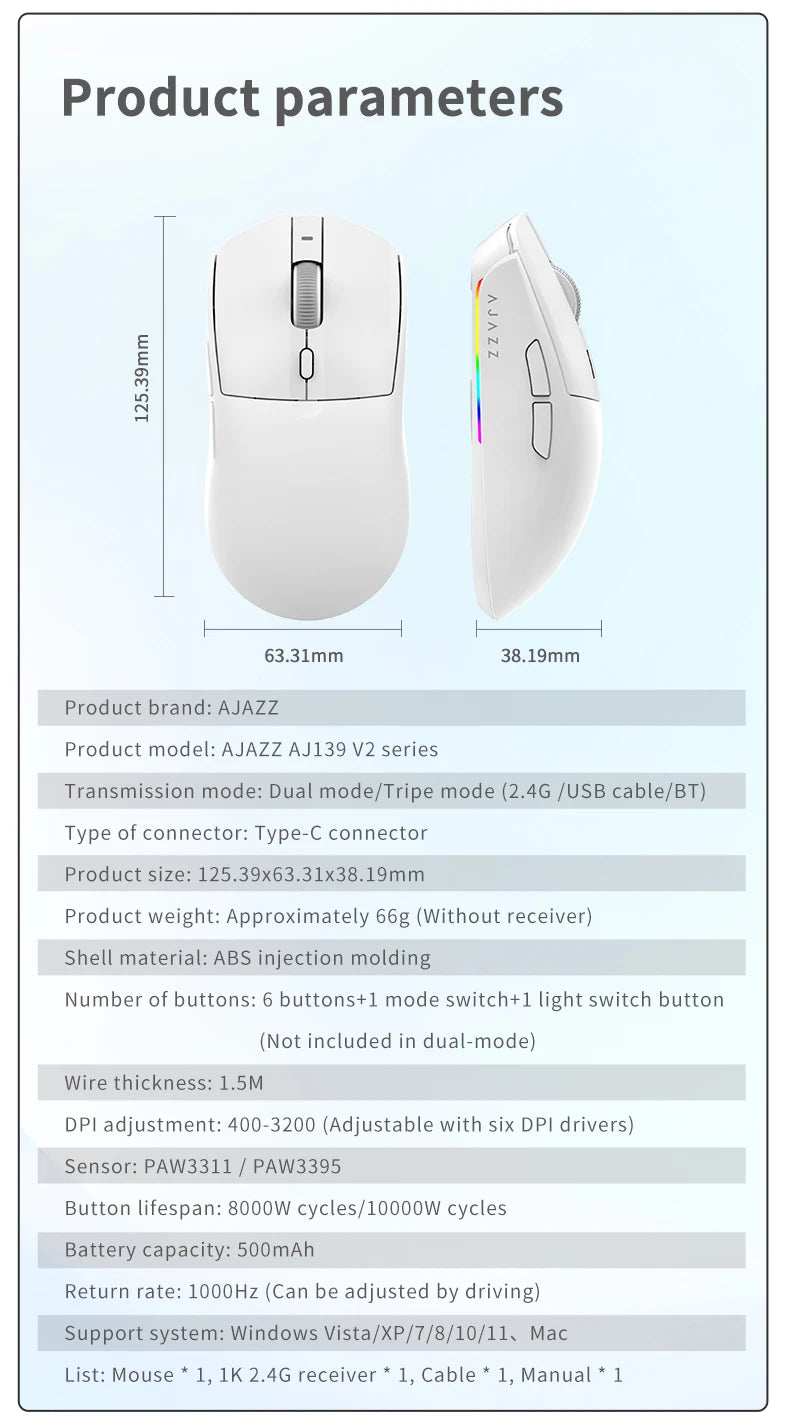 AJ139-V2-MC Tri-mode Wired/2.4GHz /BT Wireless Gaming Mouse with Dock PAW3311 Gaming Chipset 12000DPI Max