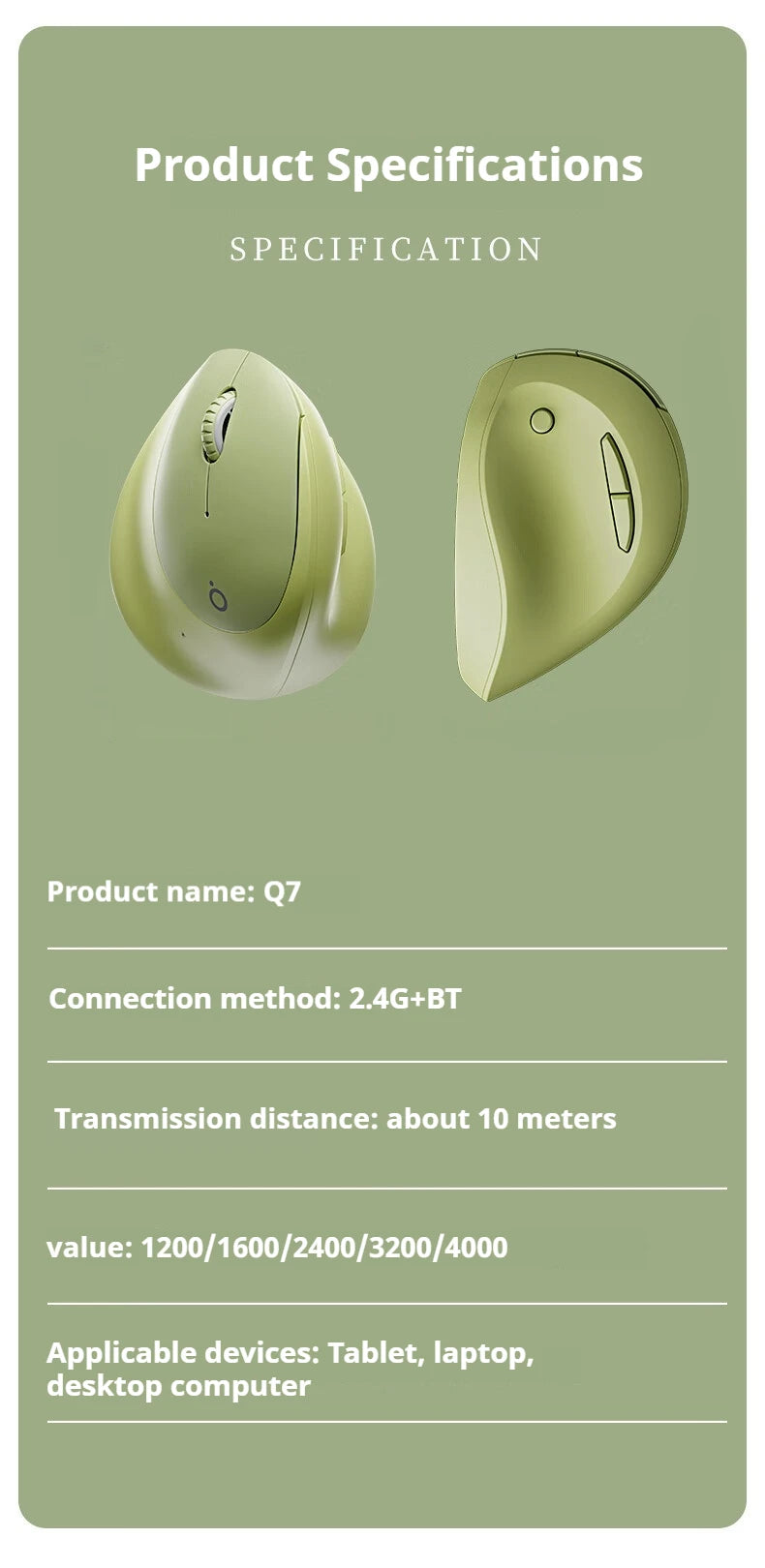 EWEADN Q7 Wireless BT + 2.4G Vertical Gaming Mouse, 6 Buttons, Silent, Adjustable Sensitivity, for Windows, Laptop, Office Work