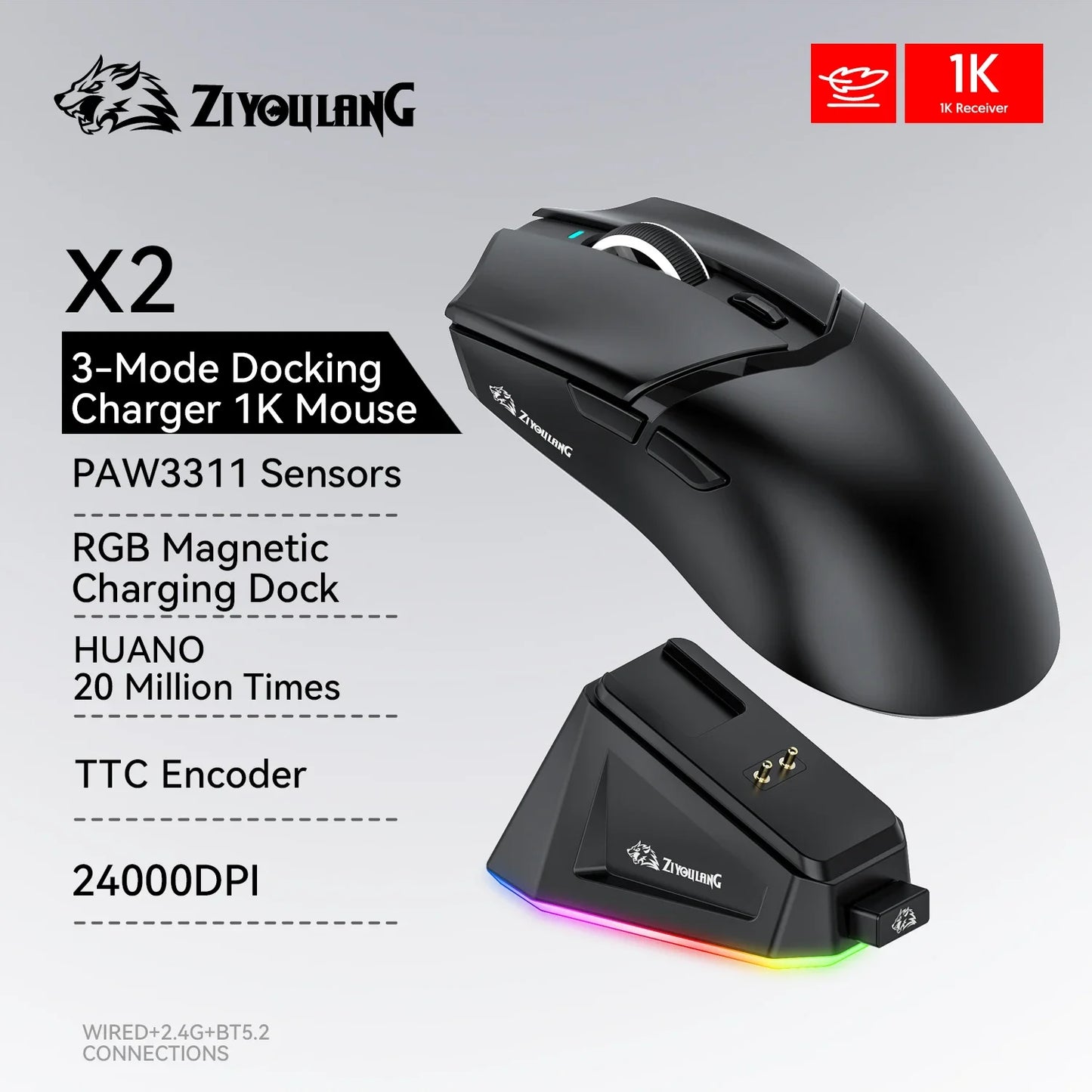 ZIYOULANG X2  Wireless Mouse , PixArt PAW3311, Tri-Mode Connection,RGB Magnetic Charging Base,Macro Gaming Mouse