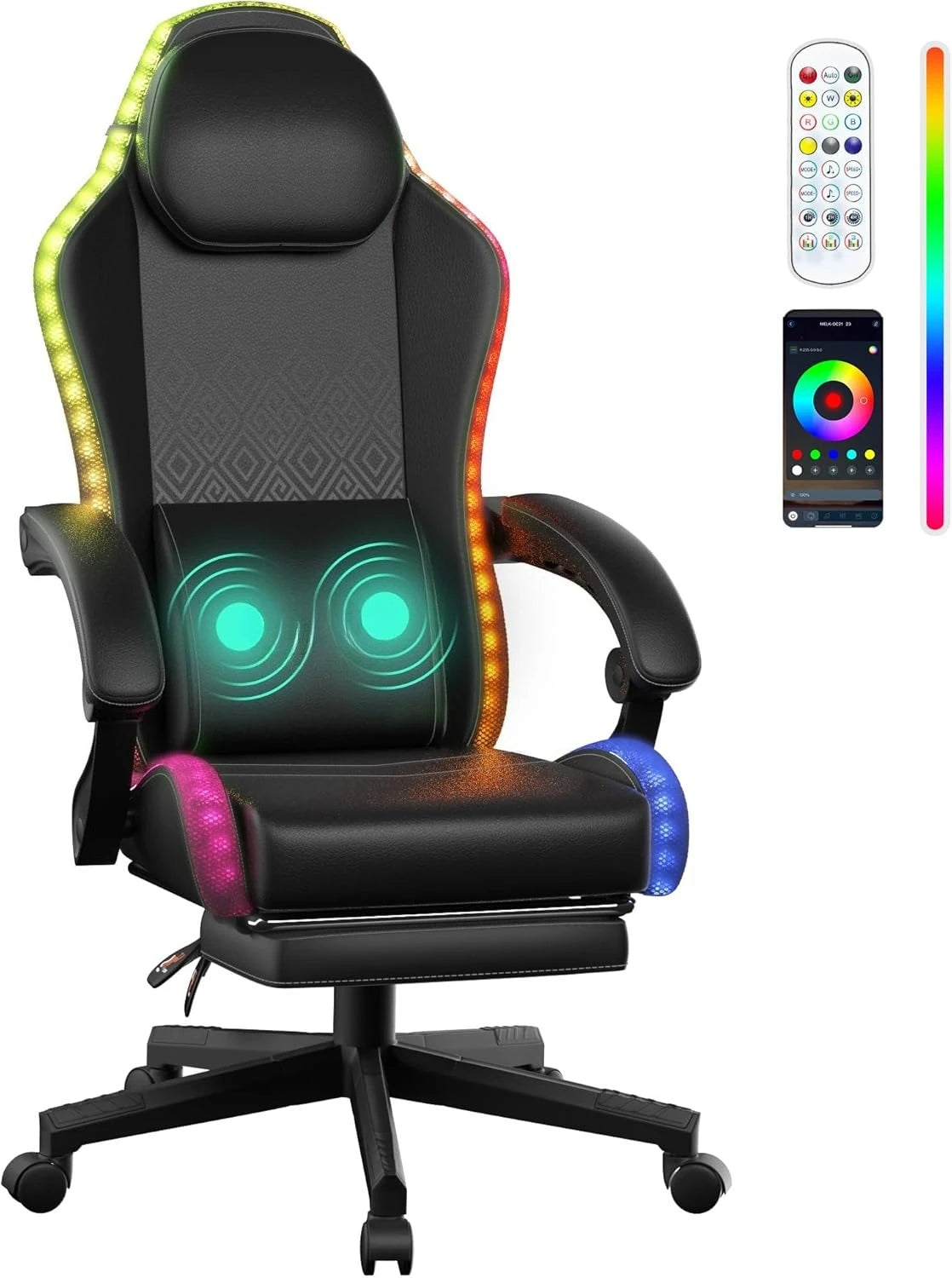 Gaming Chair, LED Game Chair with Massage Lumbar Support and Footrest - Ergonomic Computer Chair with Adjustable Height