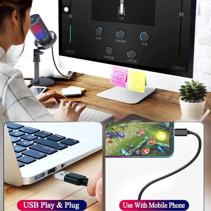 USB Condenser Microphone for PC Computer Gaming Mic for PS4/PS5/Mac Fast Mute RGB Lights Shock Mount Gain Knob Sound Monitor