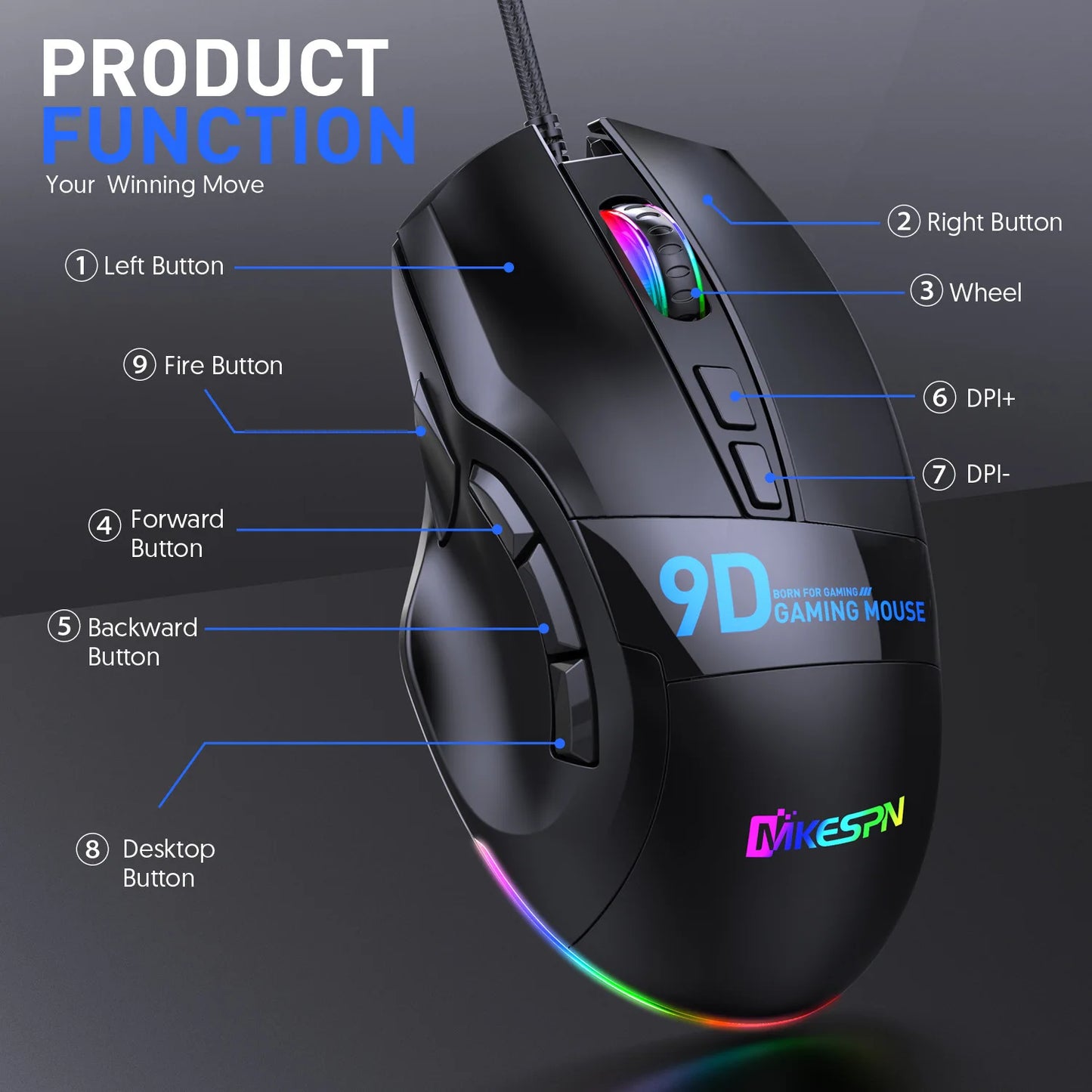 12000DPI Macro RGB Gaming Mouse 9 Programmable Keys Game Mouse RGB Light Max to 6 levels For pc mac gun PUBG Laptop