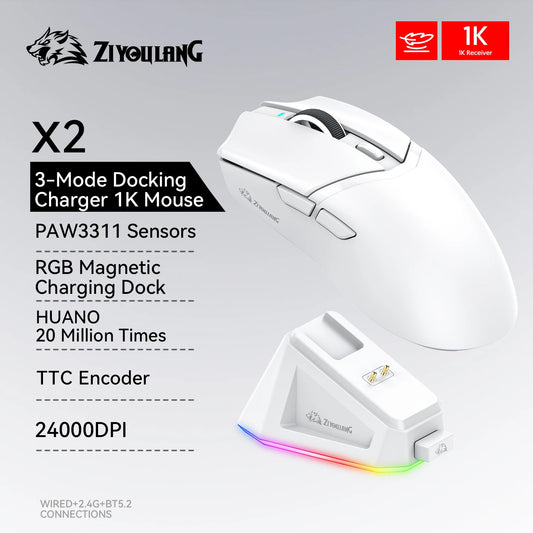 ZIYOULANG X2  Wireless Mouse , PixArt PAW3311, Tri-Mode Connection,RGB Magnetic Charging Base,Macro Gaming Mouse