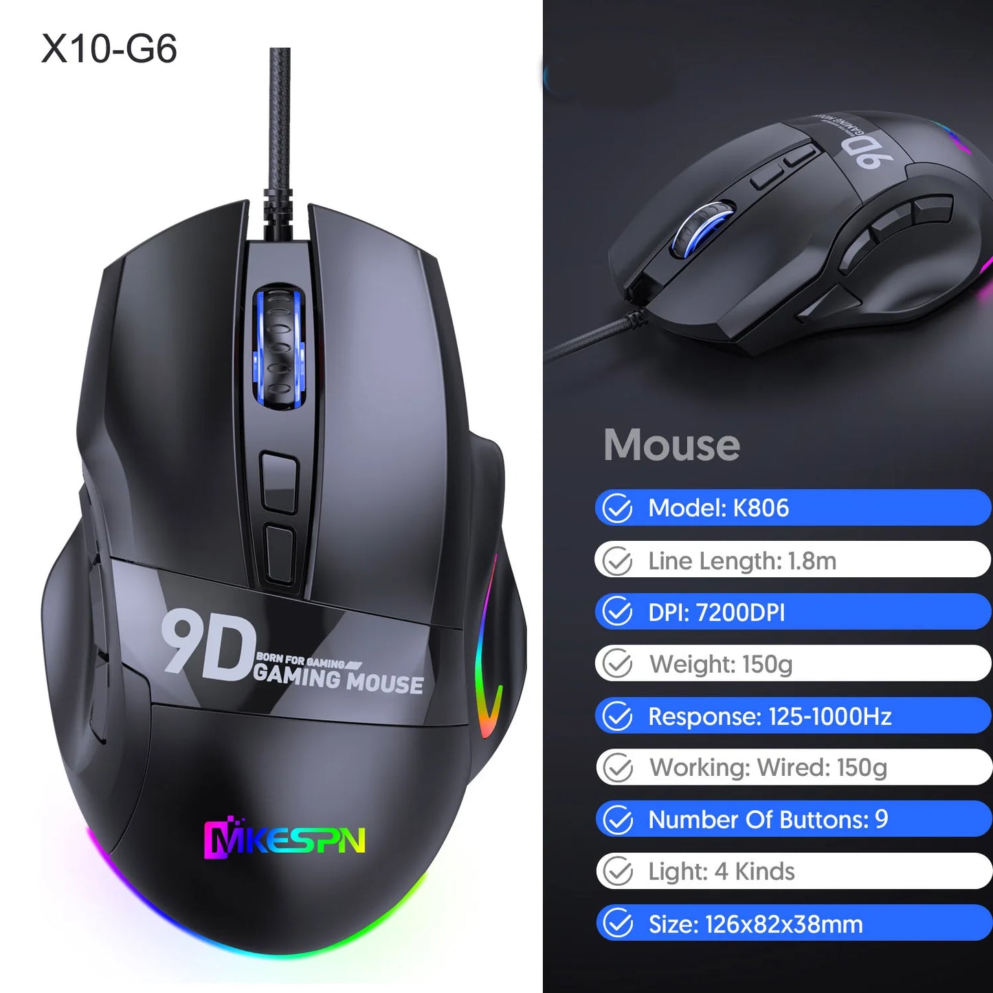 12000DPI Macro RGB Gaming Mouse 9 Programmable Keys Game Mouse RGB Light Max to 6 levels For pc mac gun PUBG Laptop