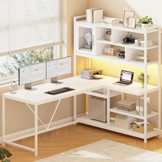 L Shaped Computer Desk, 58'' Office Desk with LED Light and Bookshelf, L Shaped Corner Desk with Storage Shelves for Home