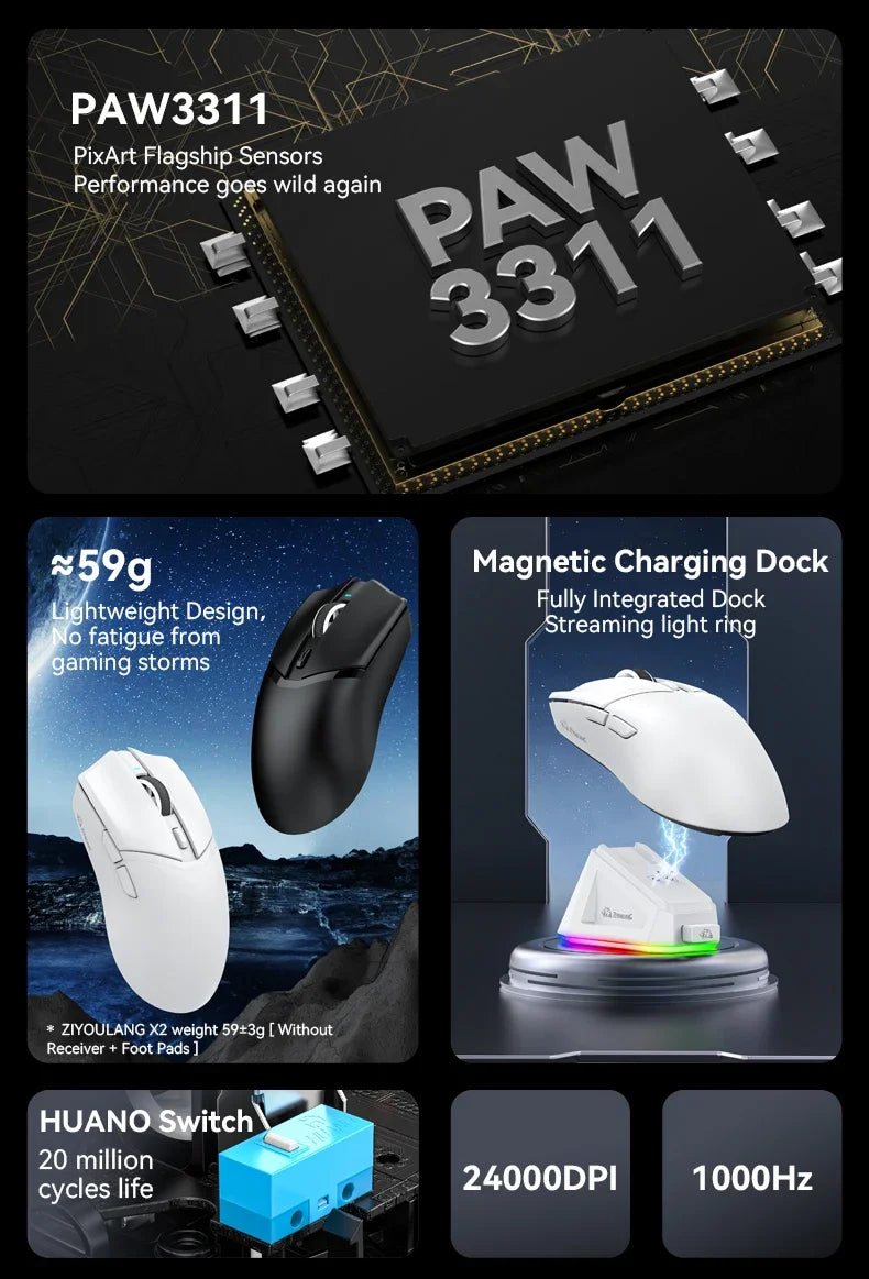 ZIYOULANG X2  Wireless Mouse , PixArt PAW3311, Tri-Mode Connection,RGB Magnetic Charging Base,Macro Gaming Mouse