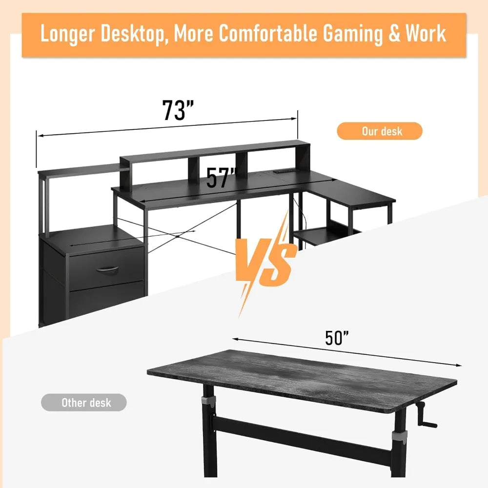 73 Inch L Shaped Gaming Desk with Drawers, Large Computer Desk with Storage and Power Outlet, Corner Desk with Led Lights