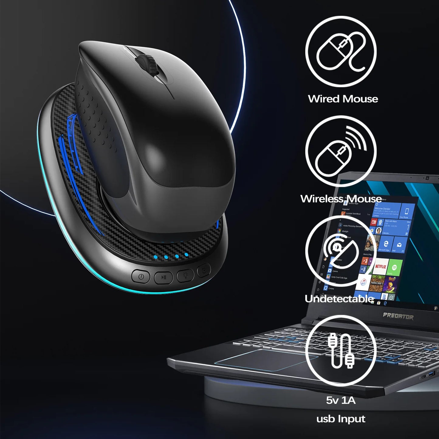 Carbon Fiber Pattern Gaming Mice Pad  LED RGB Lights Mouse Mover Anti Sleep Automatic Movement Prevent PC Screen Lock