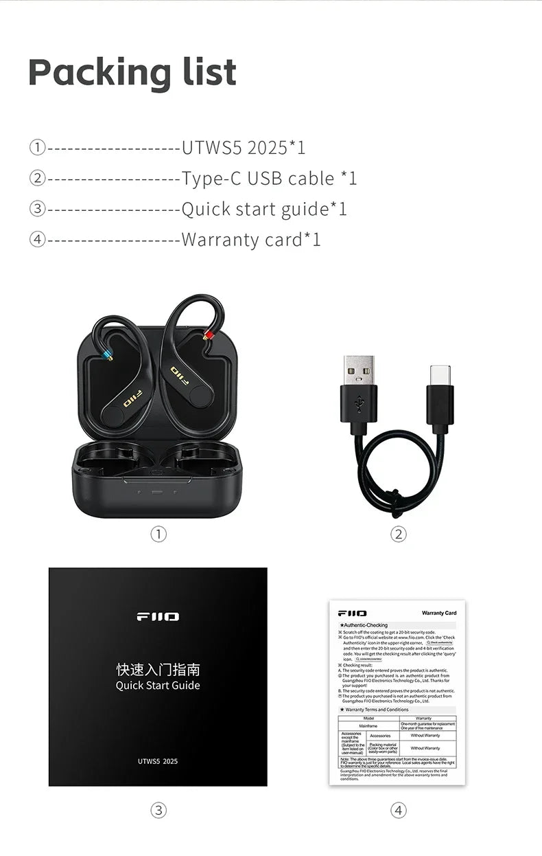 FiiO UTWS5 2025 True Wireless Earbuds Hook Earphone Bluetooth Hi-Res 96kHz/24bit Headphone LDAC -MMCX/0.78 2pins Portable For PC