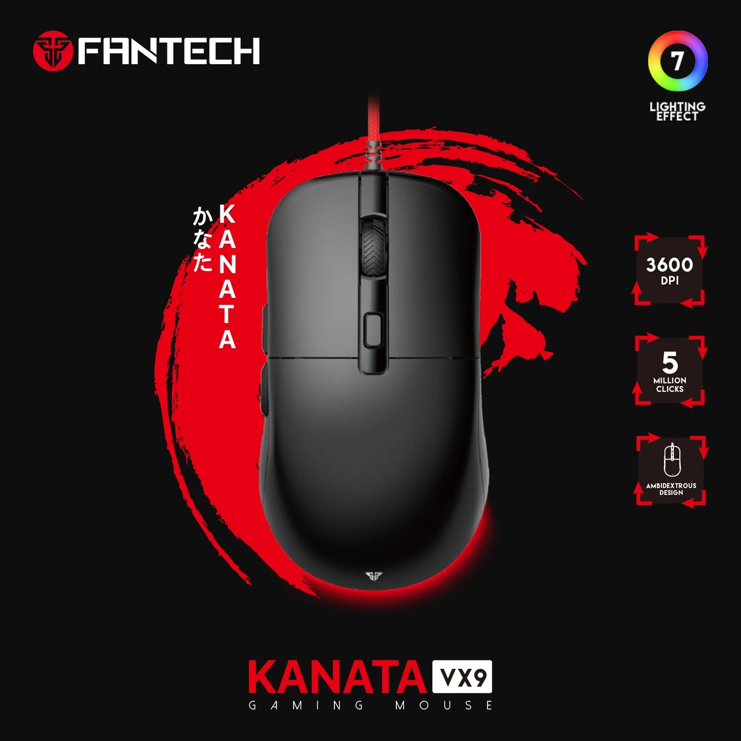FANTECH KANATA S VX9S Wired Gaming Mouse 7200DPI HUANO 10M Switch 6 Macro Button Optical Mouse Mice for PC Laptop