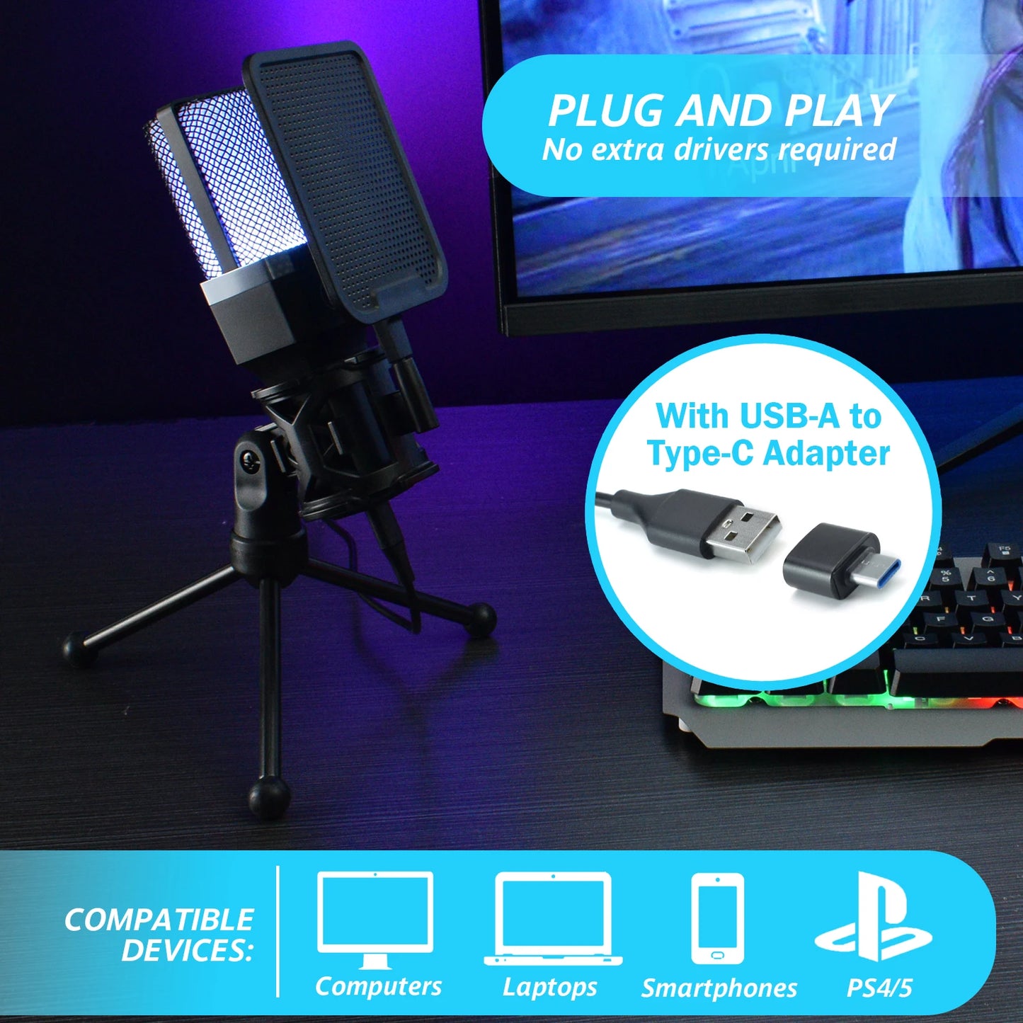 Gaming Computer Professional Condenser Microphone Mic PC Laptop USB Wired Live Streaming Podcast Studio Mike Kit Gamer Karaoke