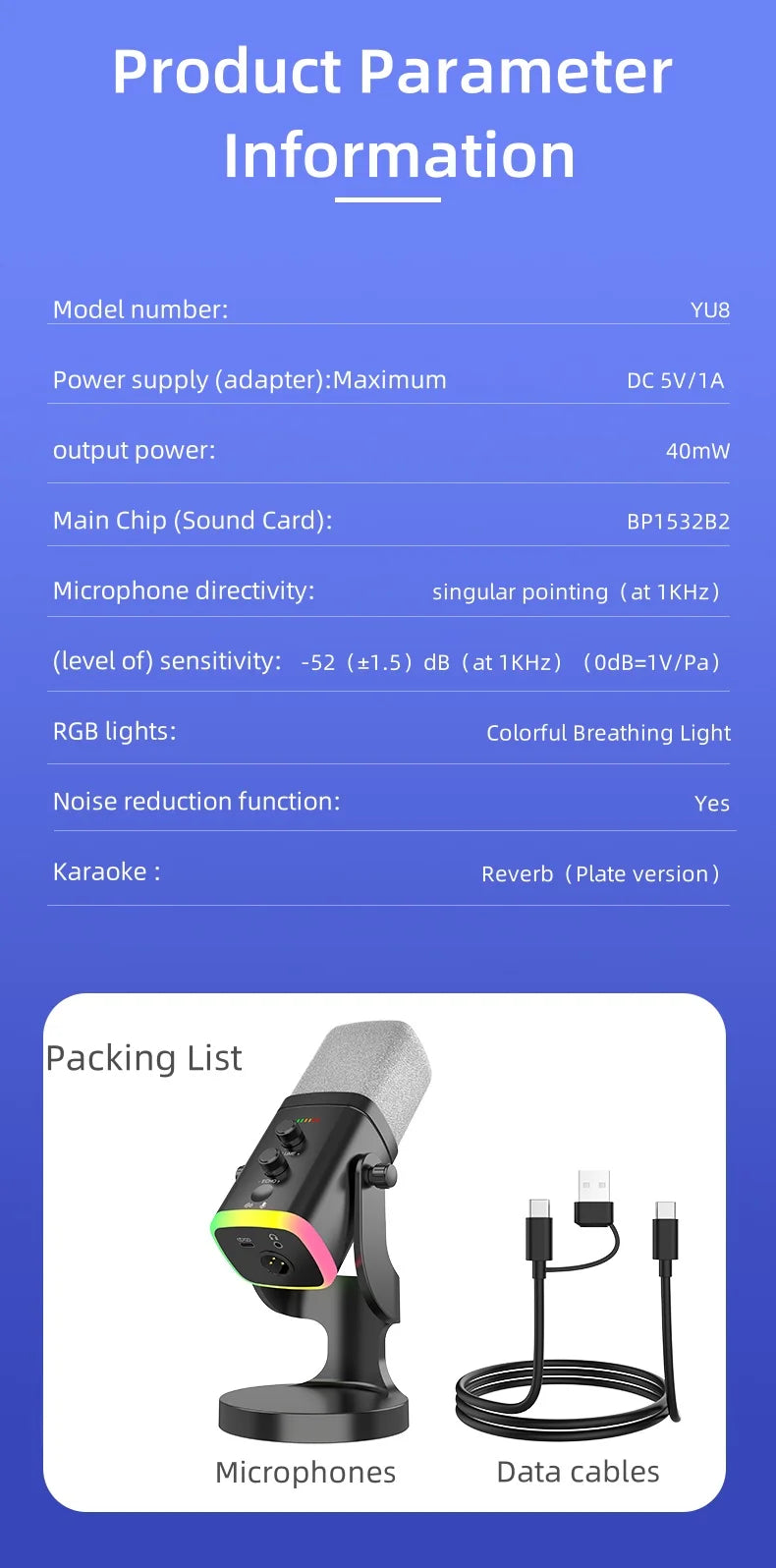 YU8 RGB gaming desktop microphone USB microphone live streaming XLR dynamic microphone recording computer mobile host karaoke