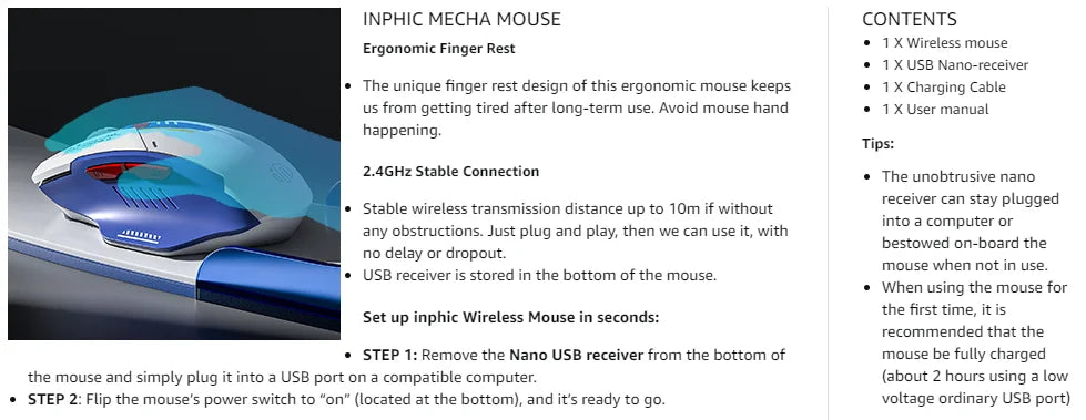 Inphic F9 Mecha Edition Wireless Mouse Silent Rechargeable Mouse Type-C LED Light Mouse For Computer Laptop Office Gaming
