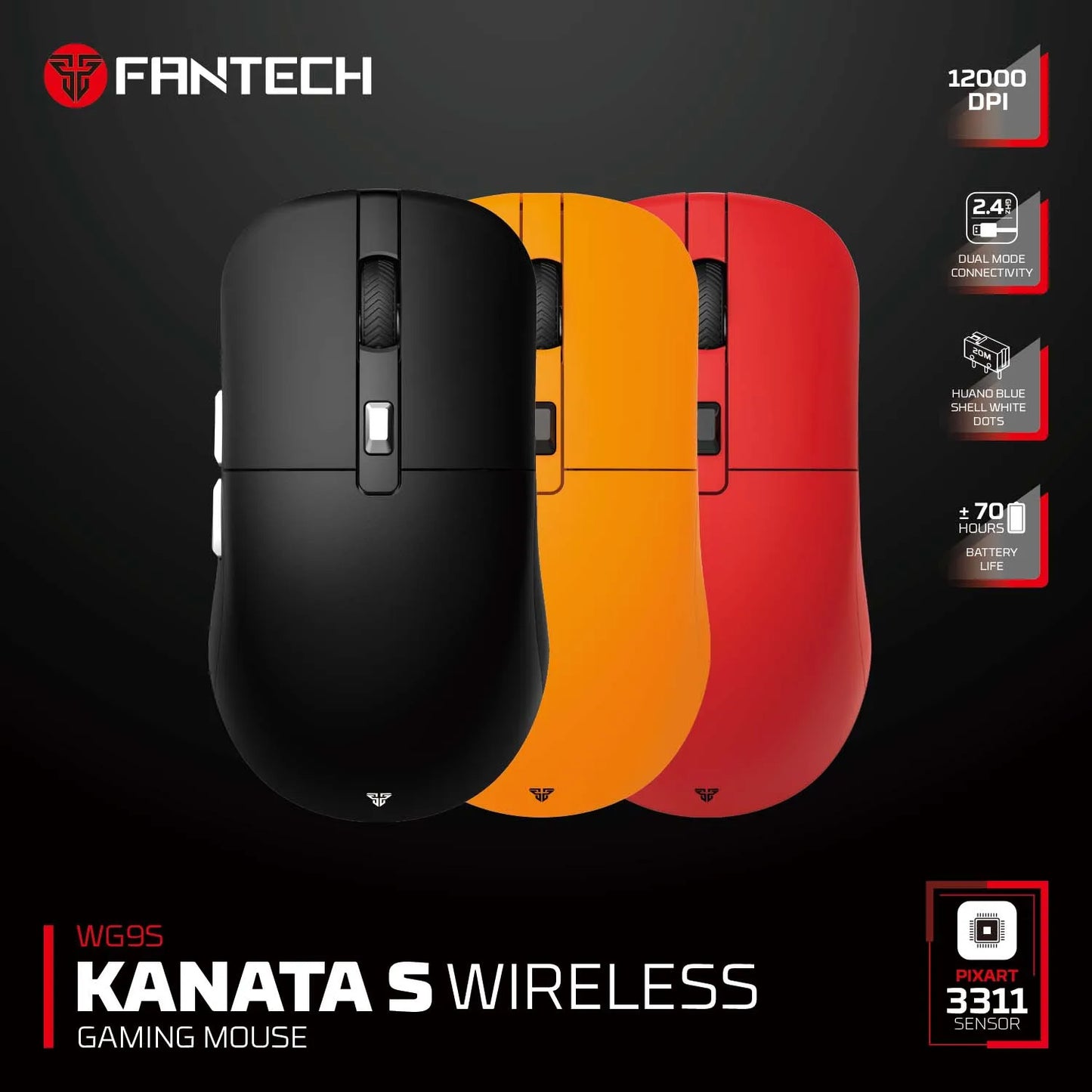 FANTECH KANATAS WG9S Wireless Gaming Mouse PIXART 3311 12000DPI Improved Ultra-Grippy Coating Wired Mouse Macro Button Mice