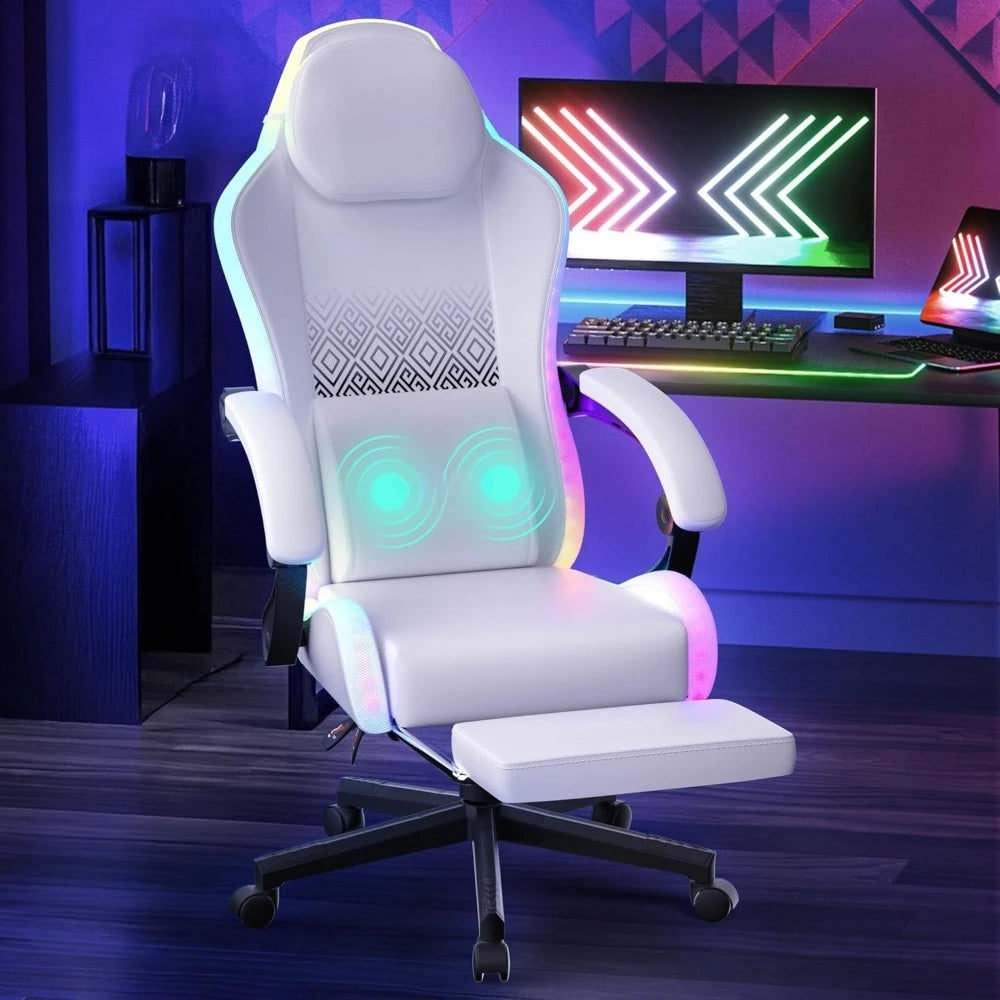 Gaming Chair, LED Game Chair with Massage Lumbar Support and Footrest - Ergonomic Computer Chair with Adjustable Height