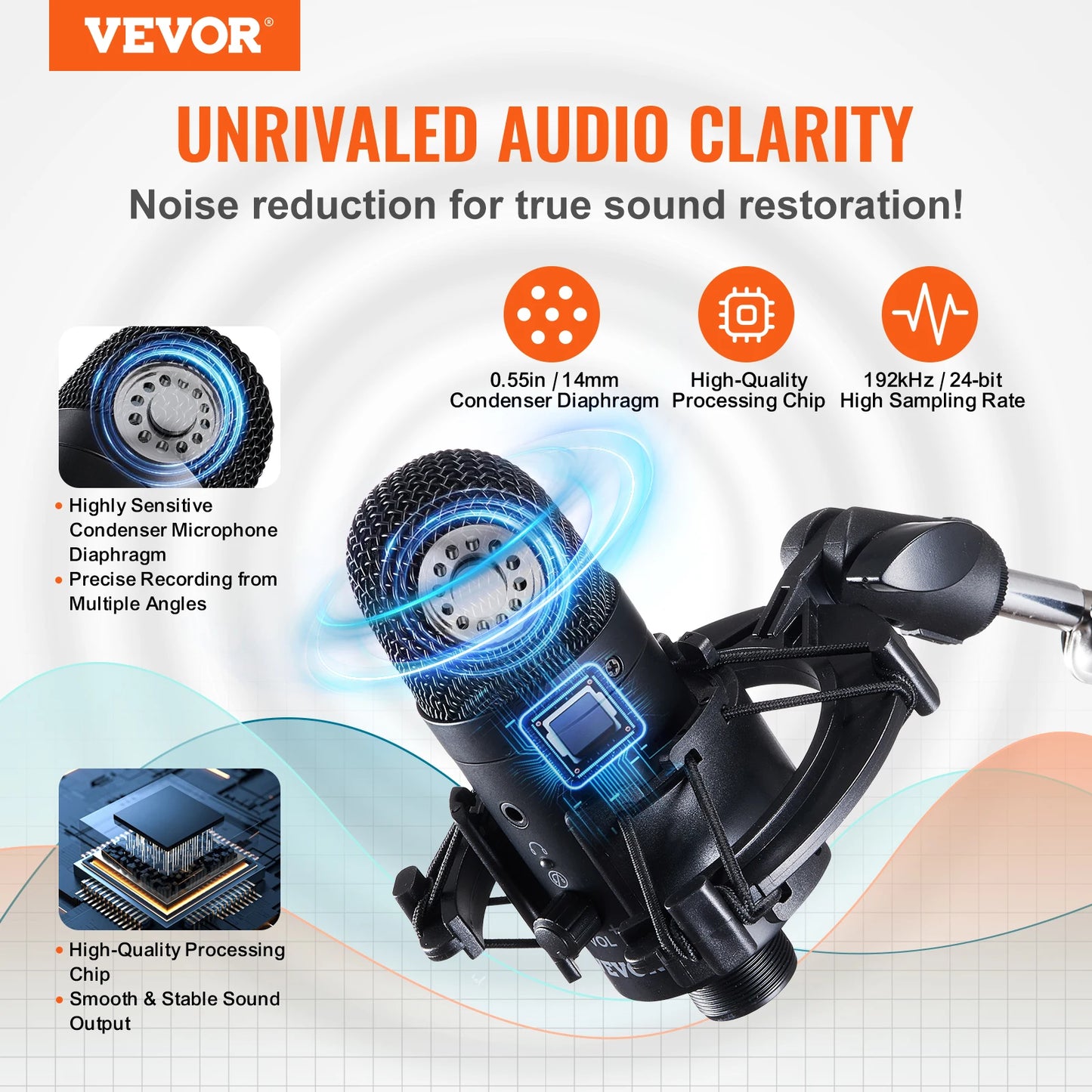VEVOR USB Microphone 192kHz/24-bit Professional Condenser Microphone Kit for Podcast Recording Video Gaming Singing Streaming