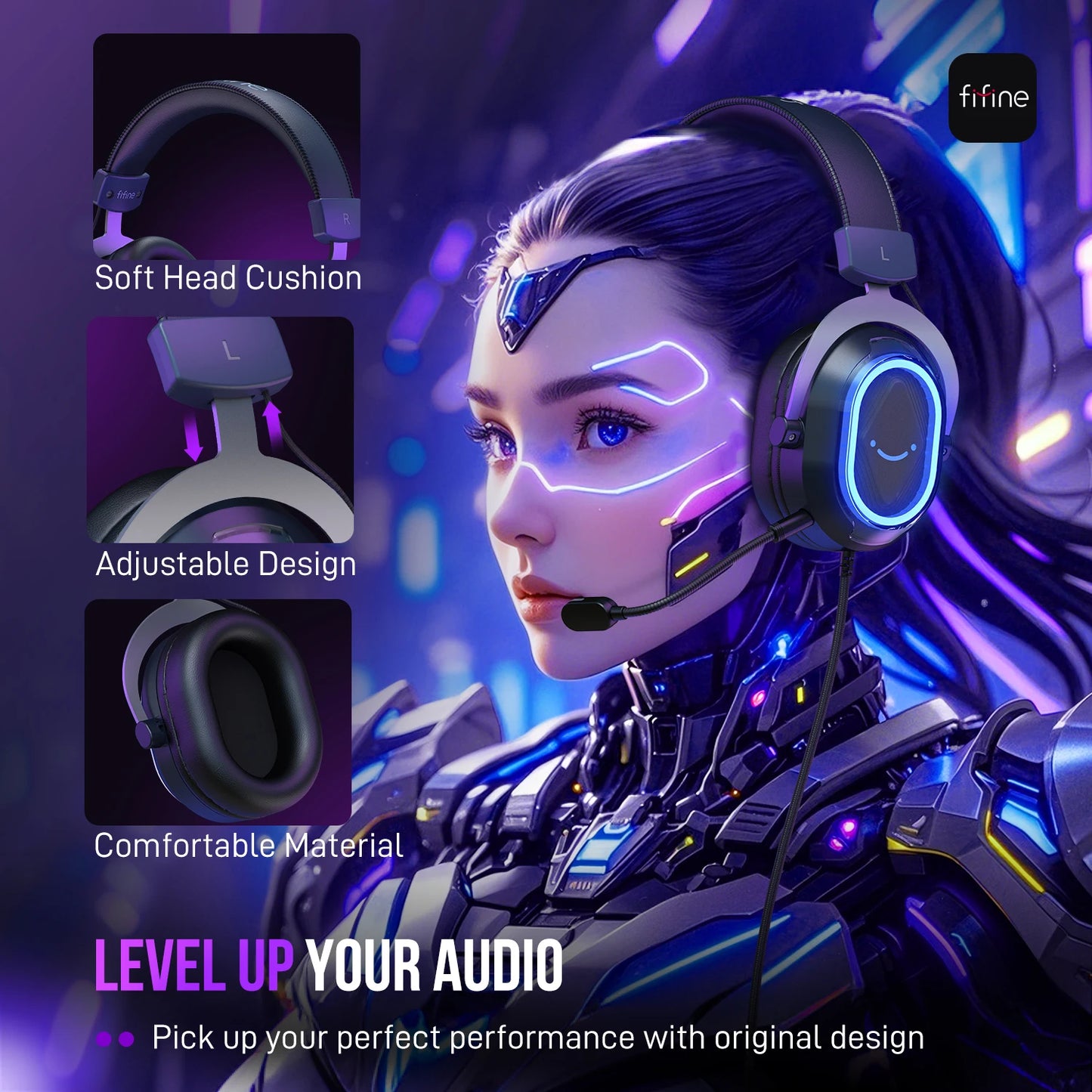 FIFINE RGB Gaming Headset with 7.1 Surround Sound & Dual Sound Card for PC/PS4/5,Over-Ear Headphone with Detachable Mic - H13