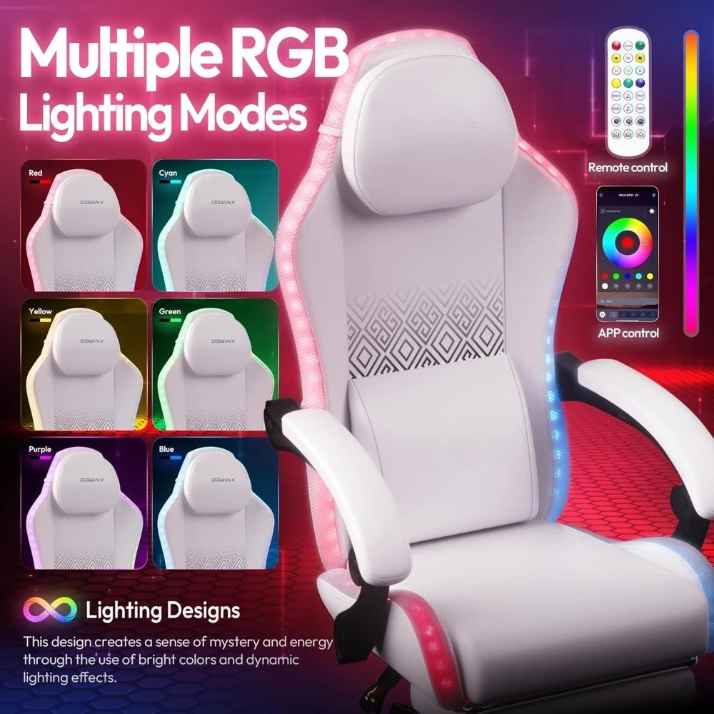 Gaming Chair, LED Game Chair with Massage Lumbar Support and Footrest - Ergonomic Computer Chair with Adjustable Height