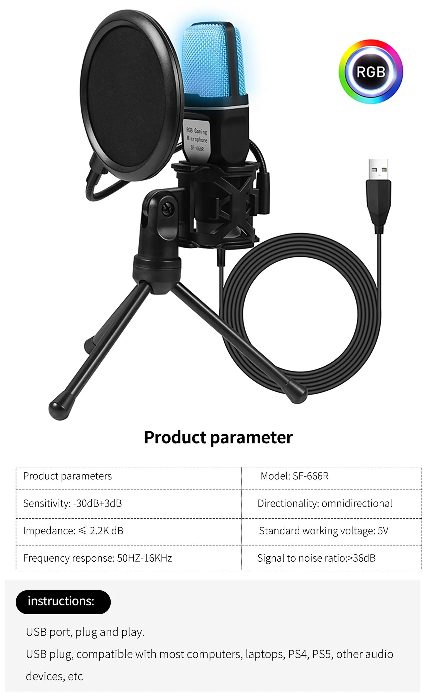 Gaming Computer Professional Condenser Microphone Mic PC Laptop USB Wired Live Streaming Podcast Studio Mike Kit Gamer Karaoke