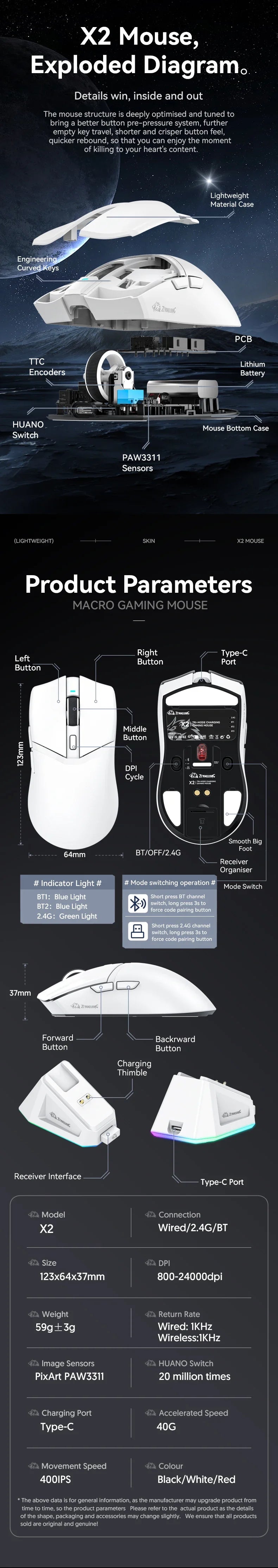 ZIYOULANG X2  Wireless Mouse , PixArt PAW3311, Tri-Mode Connection,RGB Magnetic Charging Base,Macro Gaming Mouse