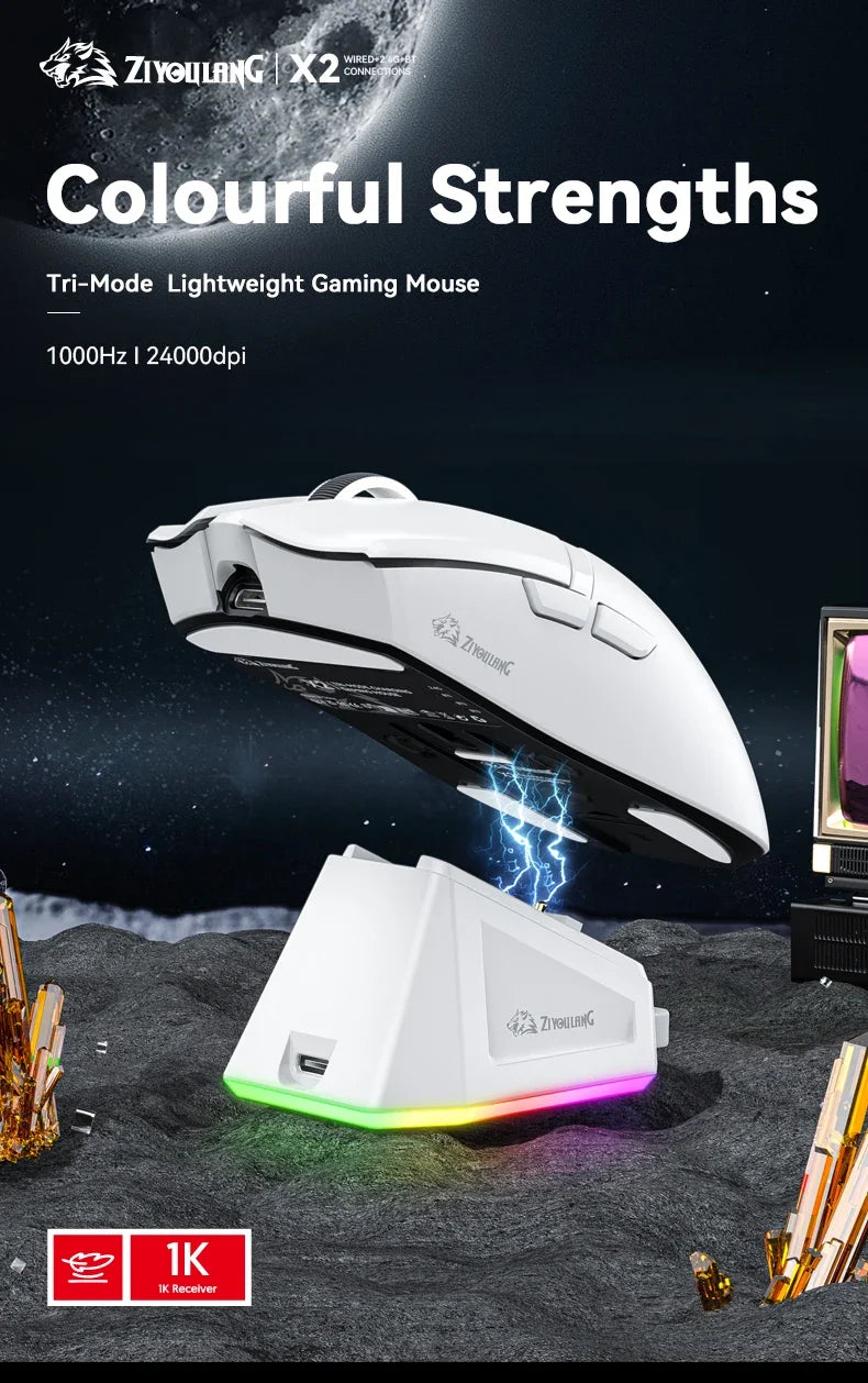 ZIYOULANG X2  Wireless Mouse , PixArt PAW3311, Tri-Mode Connection,RGB Magnetic Charging Base,Macro Gaming Mouse