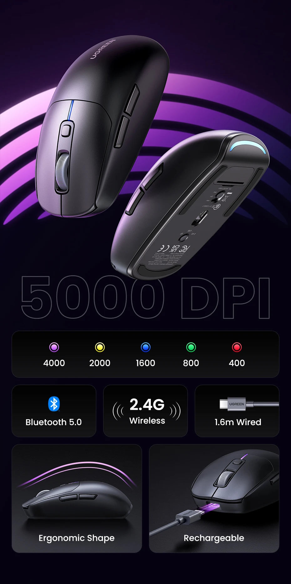 UGREEN Gaming Mouse 5000DPI Wireless Mouse Bluetooth 5.0 2.4G Wired Rechargeable Gamer Mice 6 Buttons For MacBook Tablet Laptops