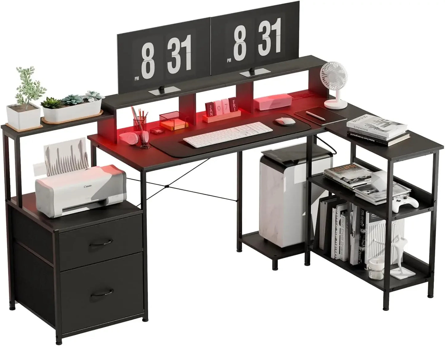 73 Inch L Shaped Gaming Desk with Drawers, Large Computer Desk with Storage and Power Outlet, Corner Desk with Led Lights
