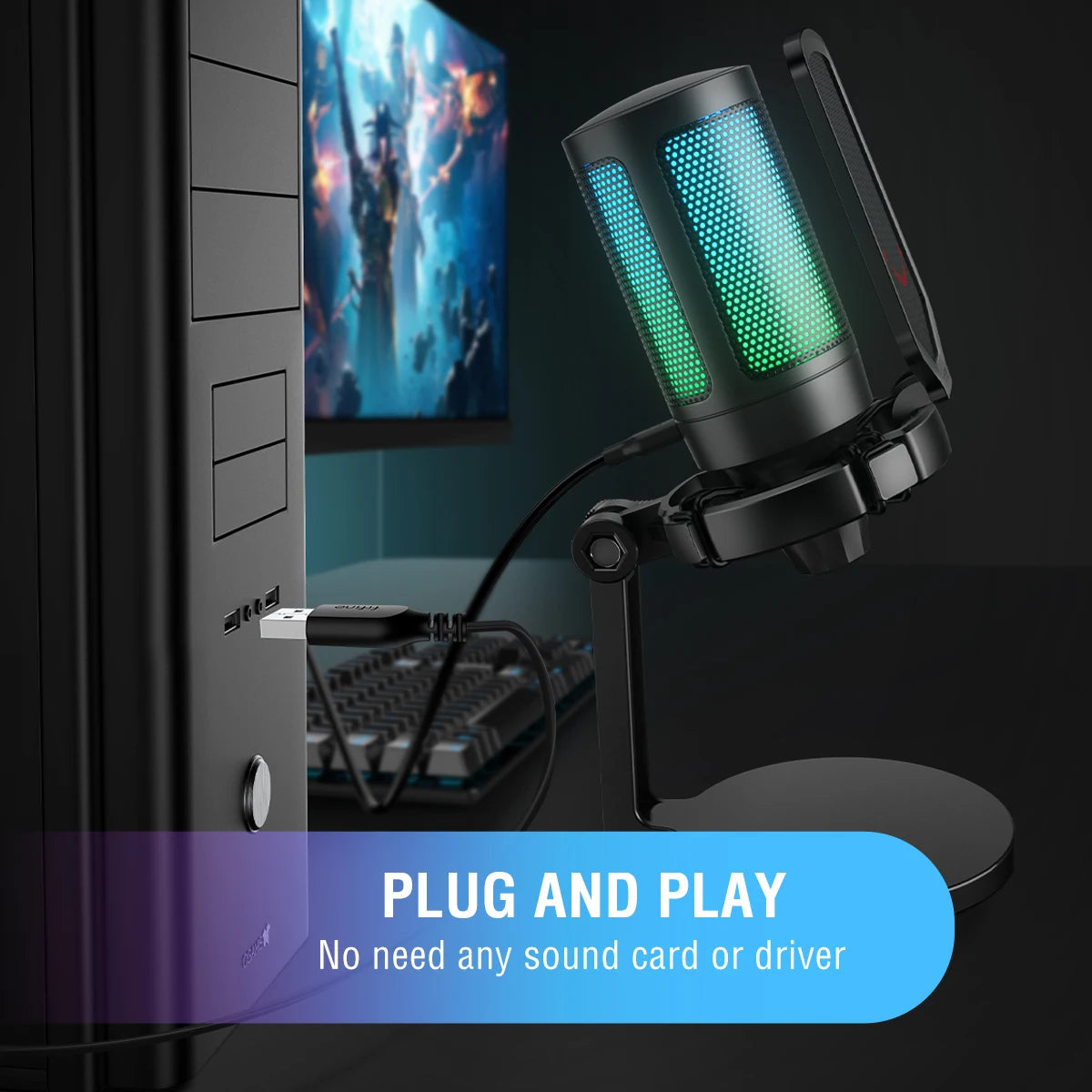 AmpliGame by FIFINE USB Gaming Microphone with RGB,Gain Knob,Touch Mute,Streaming Podcast Condenser Mic for PC,Switch,PS5-A6NEO