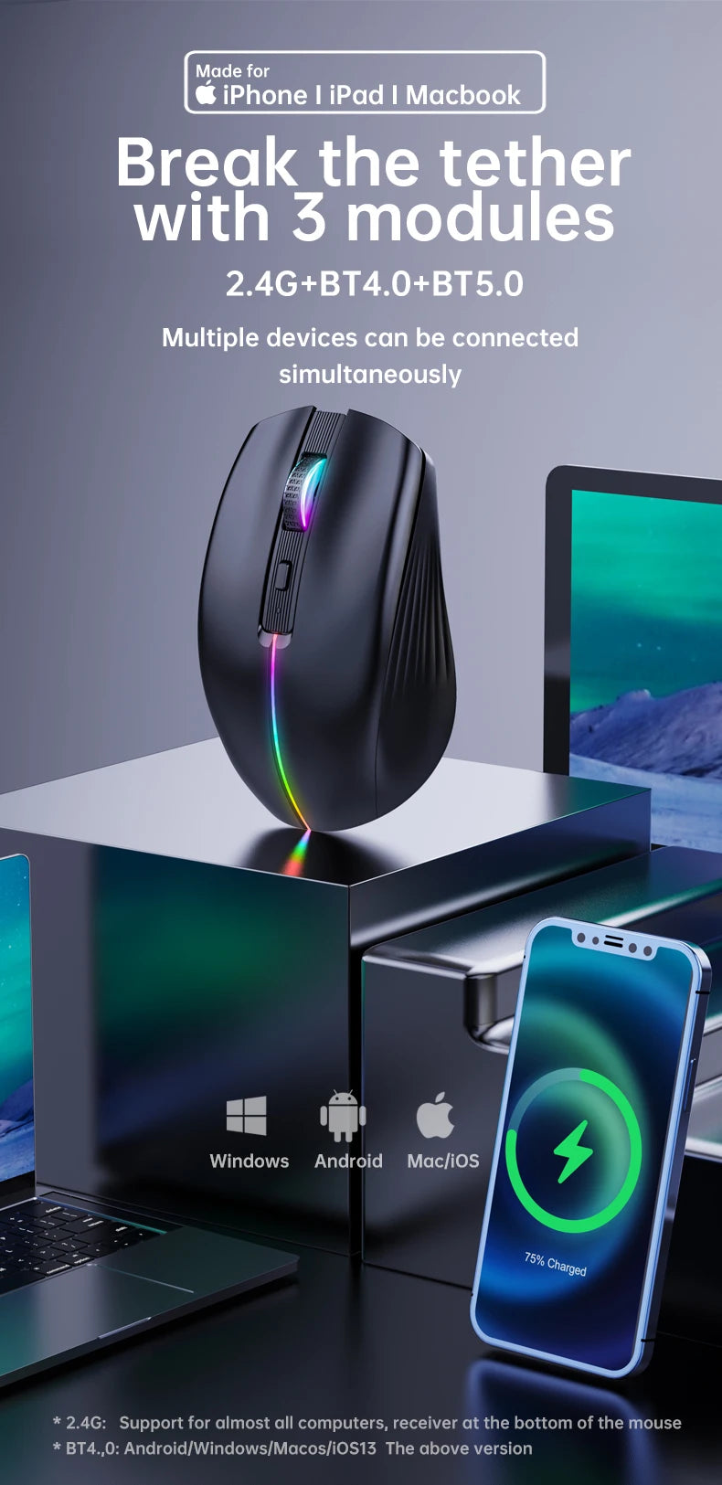 Type-c Rechargeable Wireless mouse Bluetooth Mouse RGB USB Ergonomic Gaming Mouse Silent Mouse for Computer Laptop Macbook