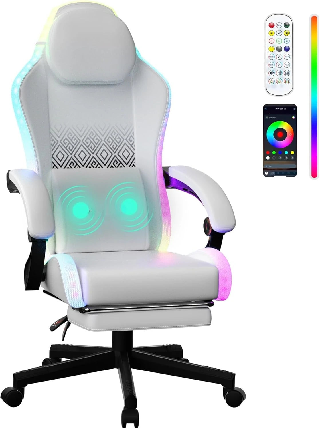 Gaming Chair, LED Game Chair with Massage Lumbar Support and Footrest - Ergonomic Computer Chair with Adjustable Height