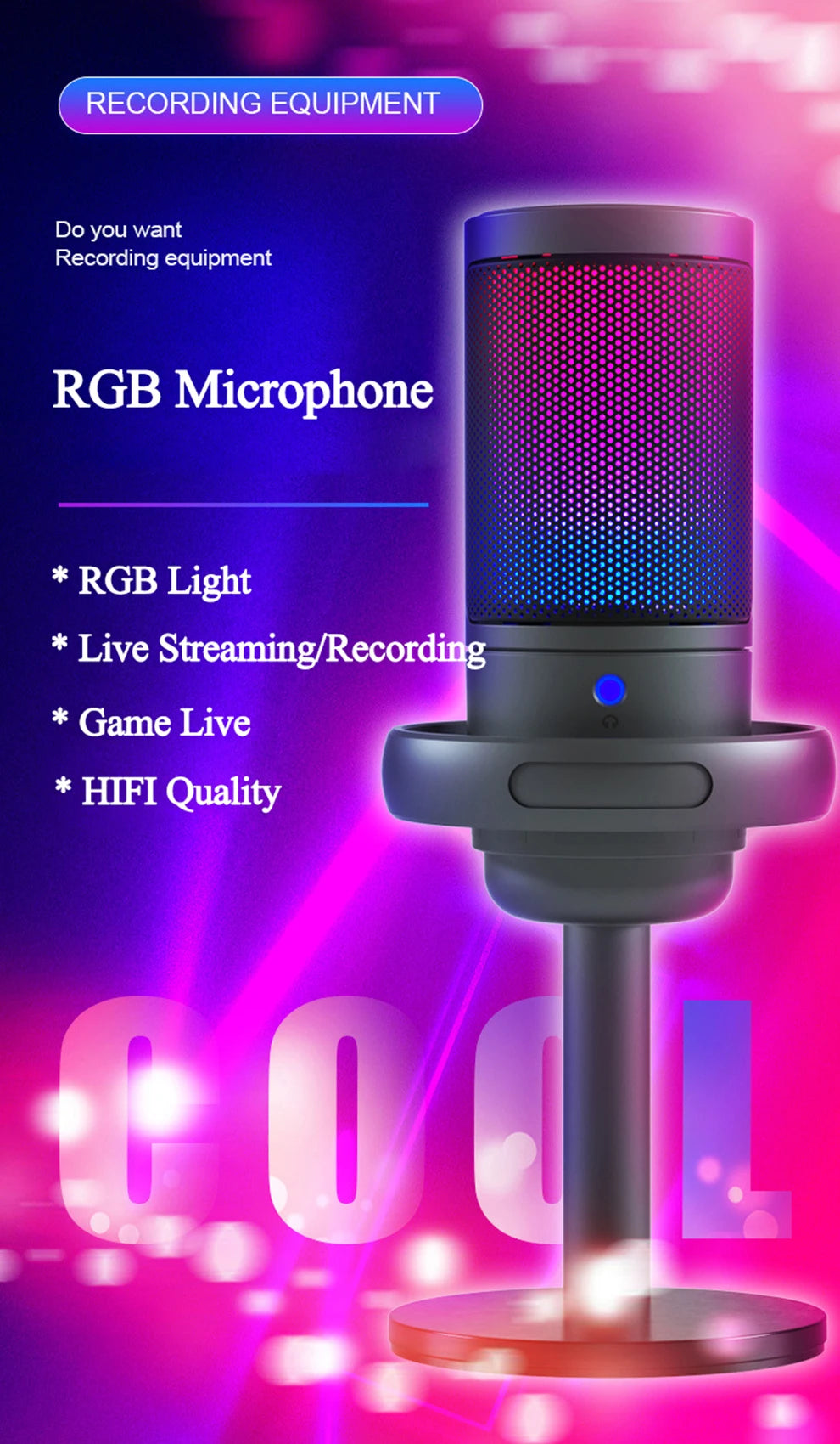 USB Condenser Microphone for PC Computer Gaming Mic for PS4/PS5/Mac Fast Mute RGB Lights Shock Mount Gain Knob Sound Monitor