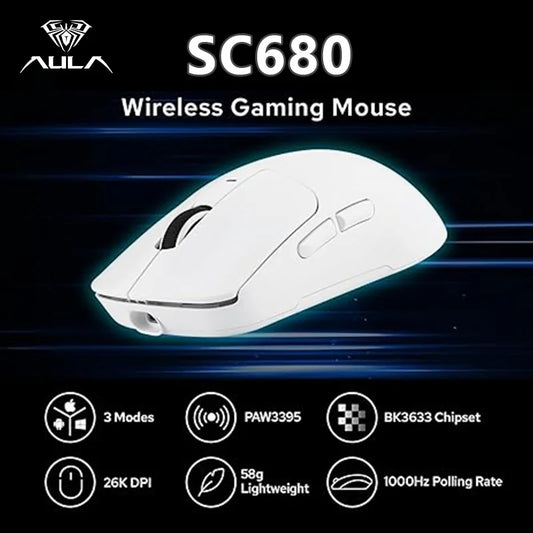 AULA SC680 Wireless Gaming Mouse W/ 26000 DPI PAW3395 Sensor BT 5.0/2.4G/Wired Tri Mode 500mAh Battery For Windows/Mac/PC/laptop